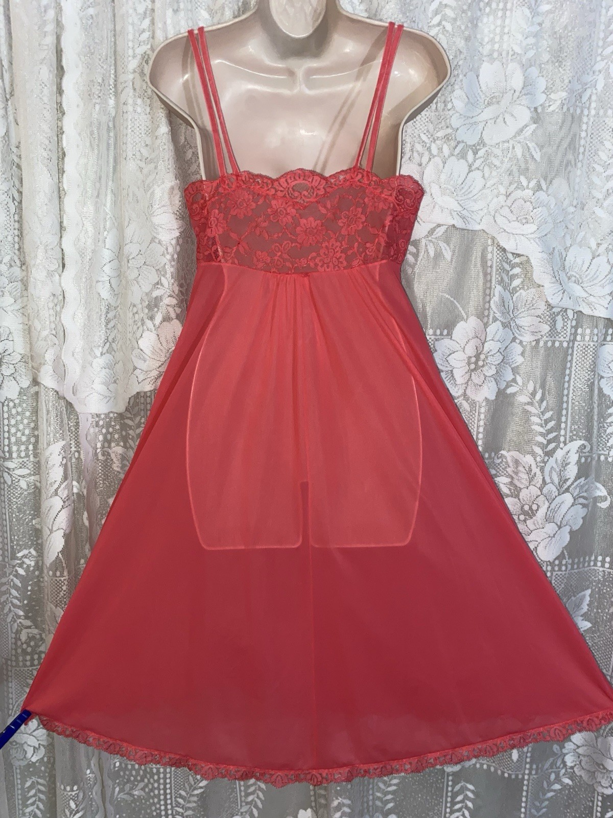 VTG Gossard Artemis 36 M Deep Rich CORAL Peignoir Robe Nightgown Gown w Lace Set