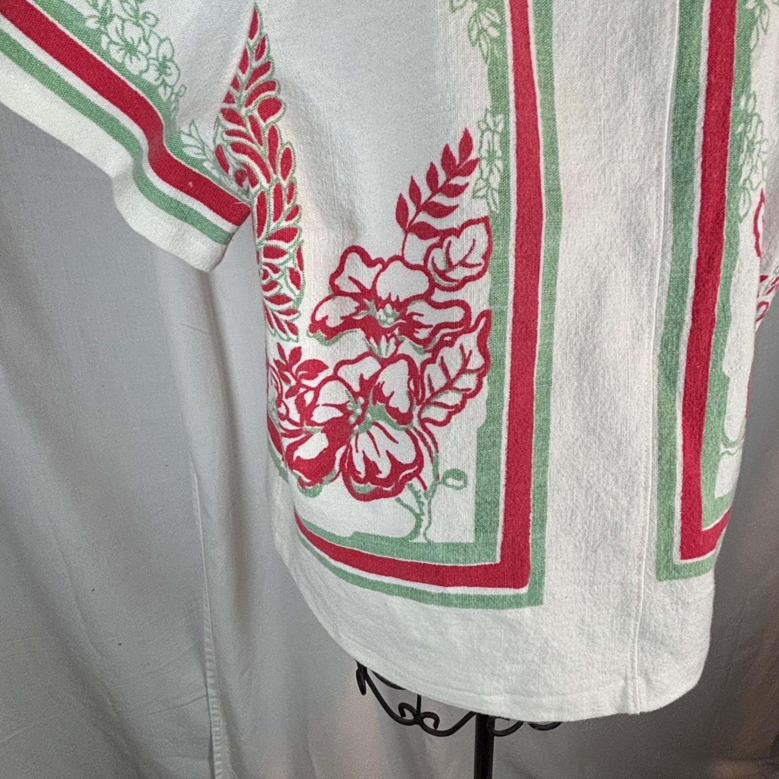 Vintage Upcycled Floral Tablecloth Print Button Up Shirt Red Green White Sz S