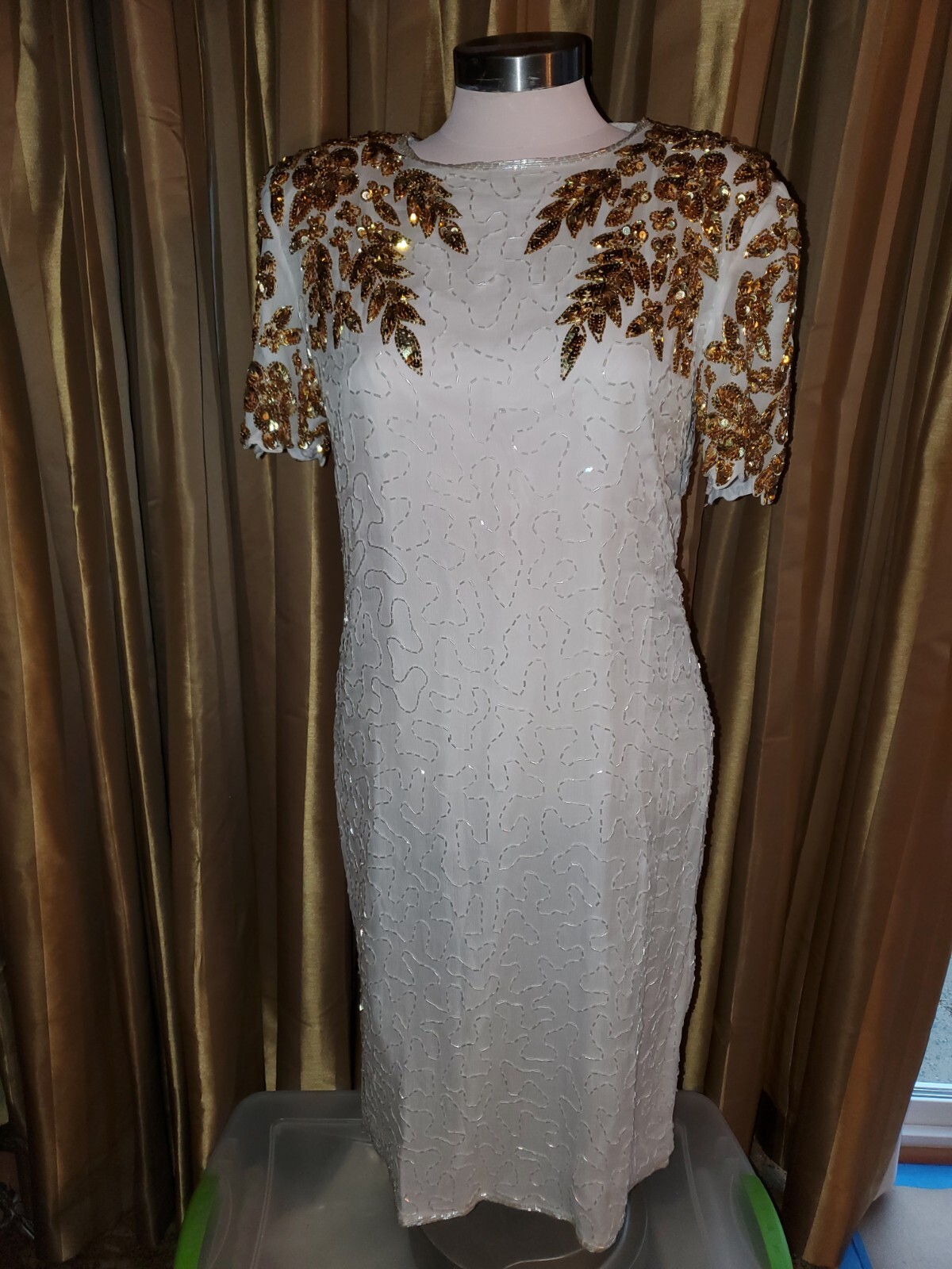 NWT VINTAGE 80S Jewel Queen GOLD CREAM BEADED SEQUIN STAR SILK DRESS SIZE 12 L