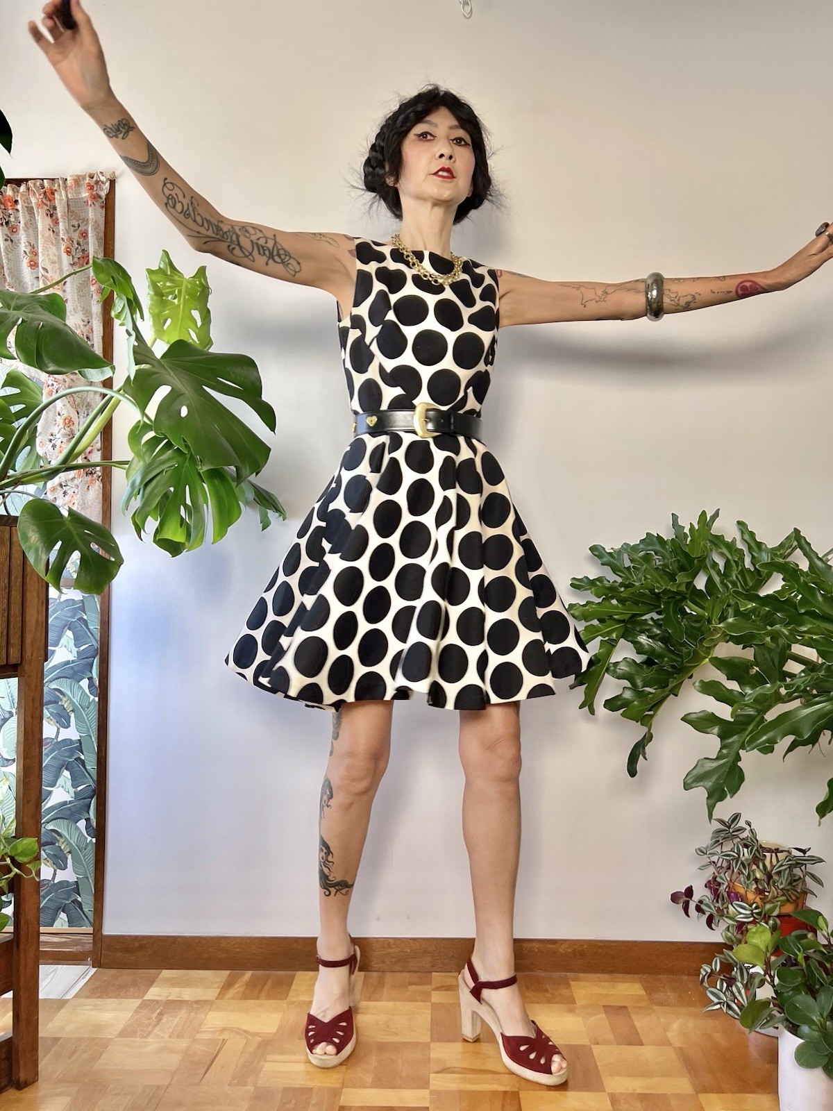 VTG 60s does 50s SABA CA Polka Dot Circle Skirt Dress Bullet Bust Mod S/M