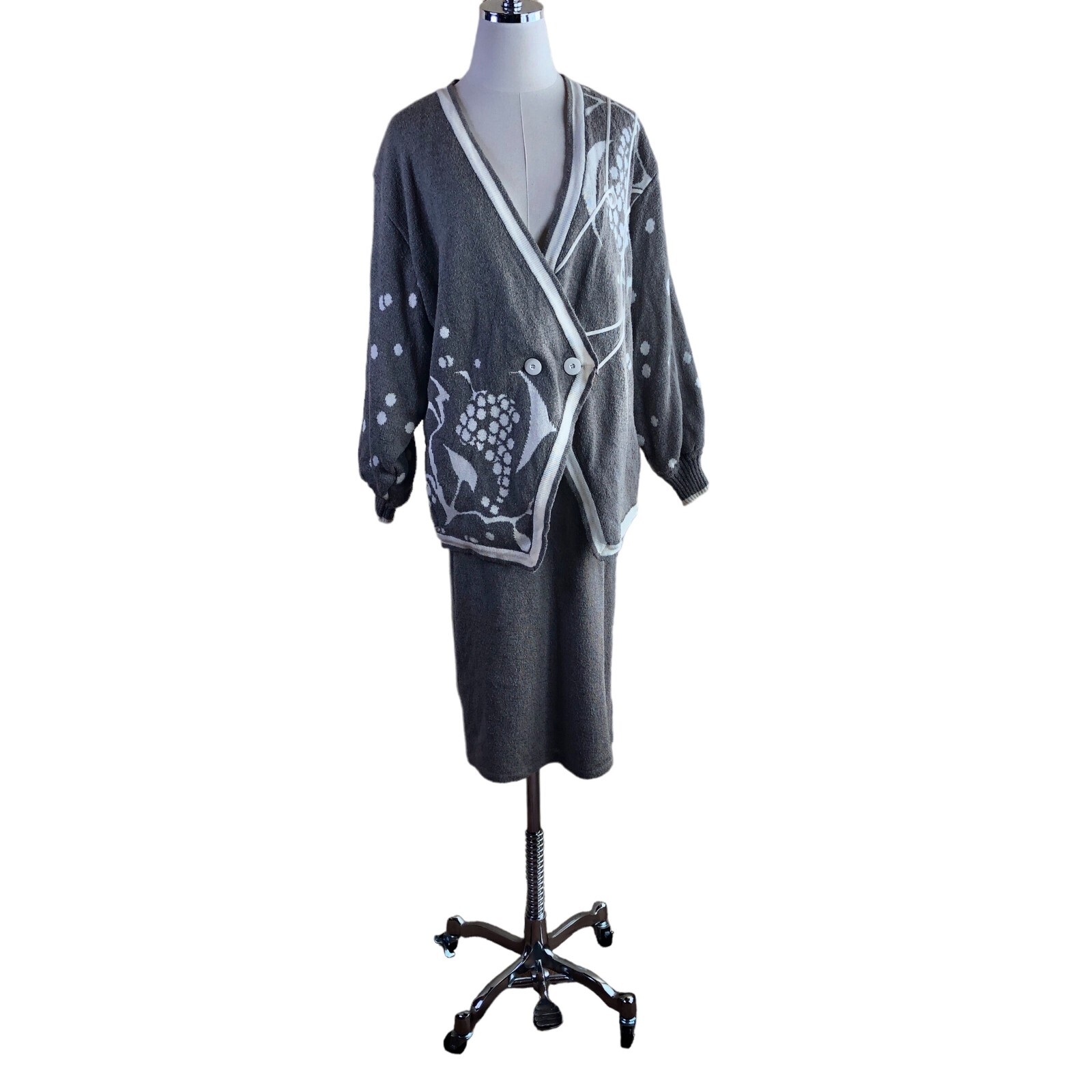 Vintage Austria Skirt Suit Cardigan Womens 8 Gray Cotton Silk Tailored Knit