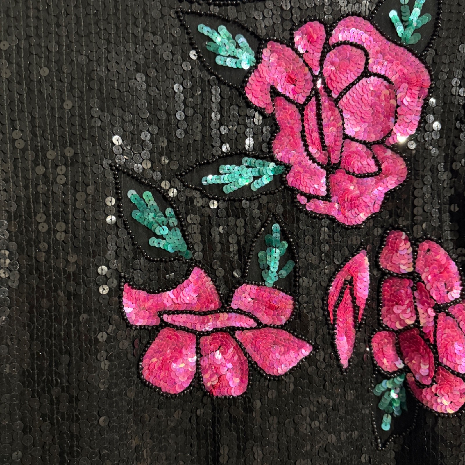 Vintage Royal Feelings Black Silk Sequin Floral Beaded Top L Pink Roses Glam