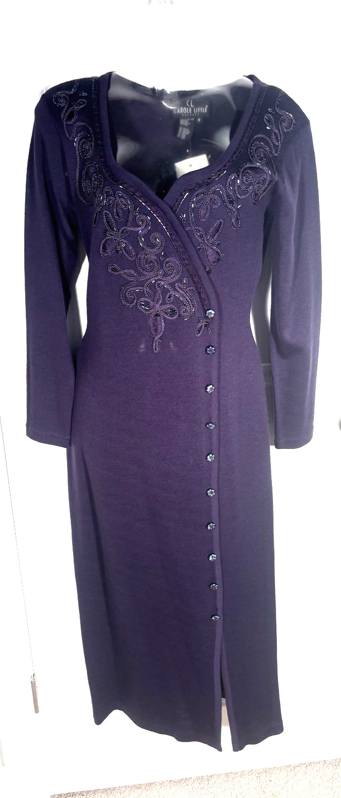 Vintage Carole Light Weight Long Sweater Dress NWT med Purple w/gorgeous beading