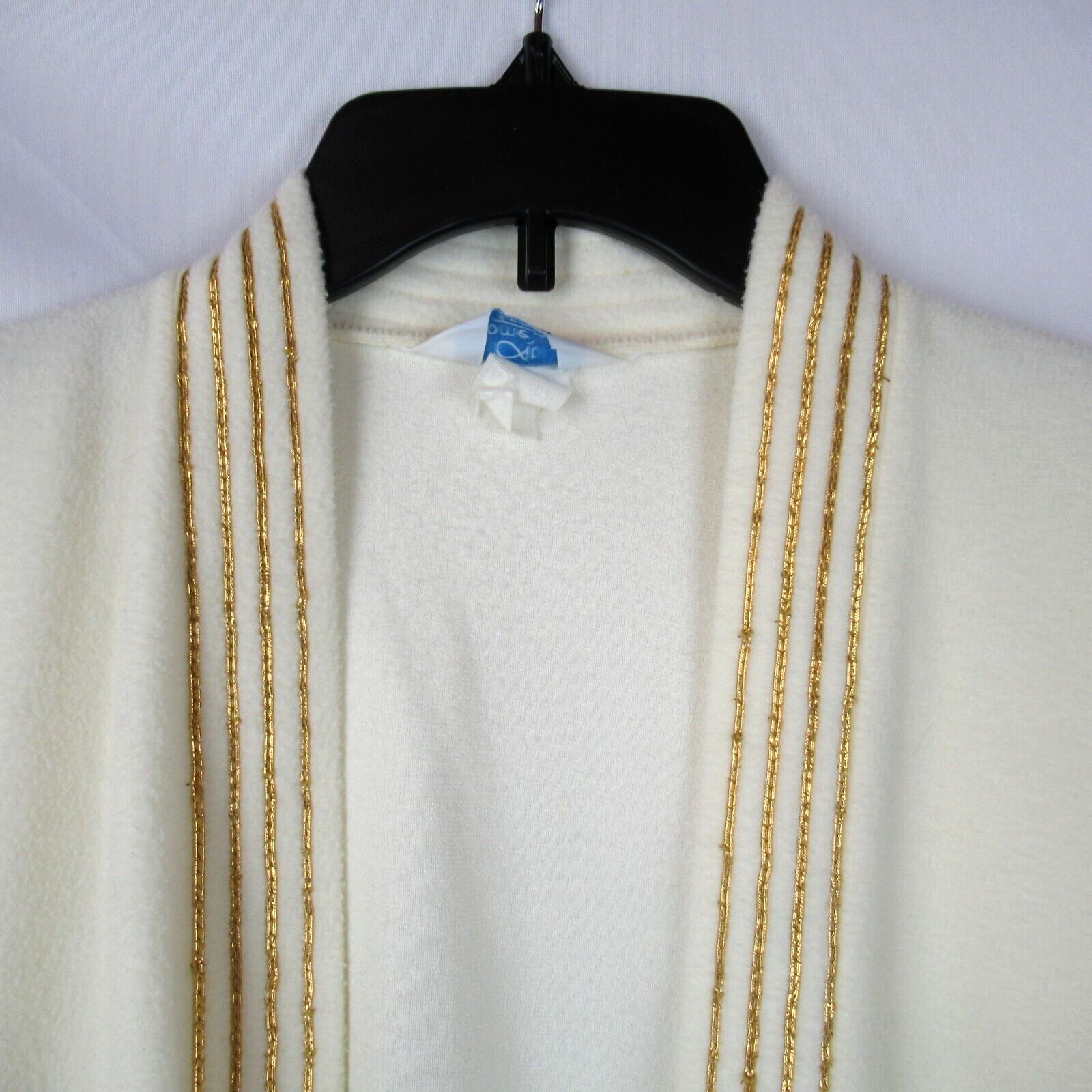 Vintage SEARS Cream Robe Gold Metallic Trim Belt SMALL 3/4 Sleeves At Home Wear