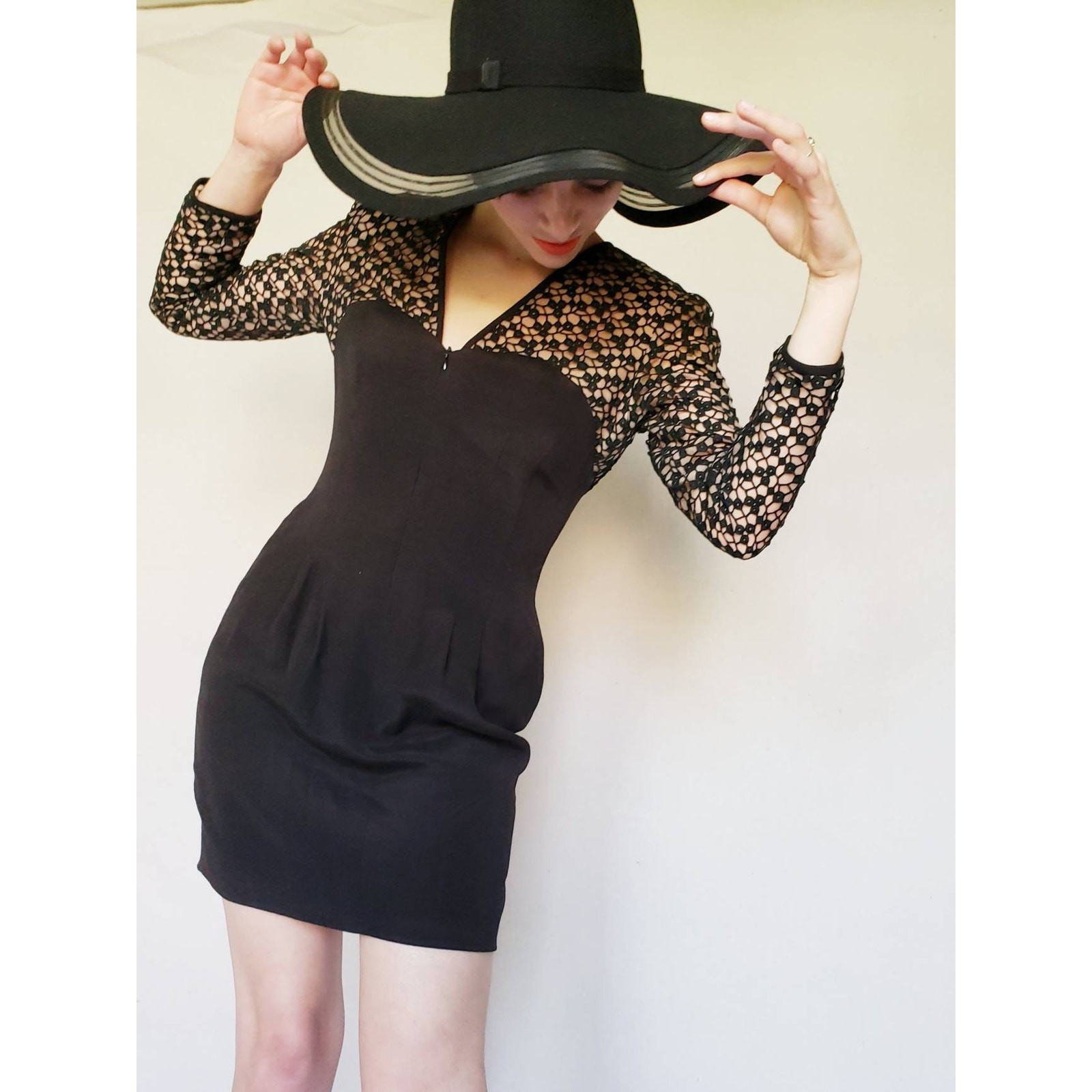 VTG 1980s Black Party Dress Crochet Lace Nude Illusion Kathryn Dianos Zip Front