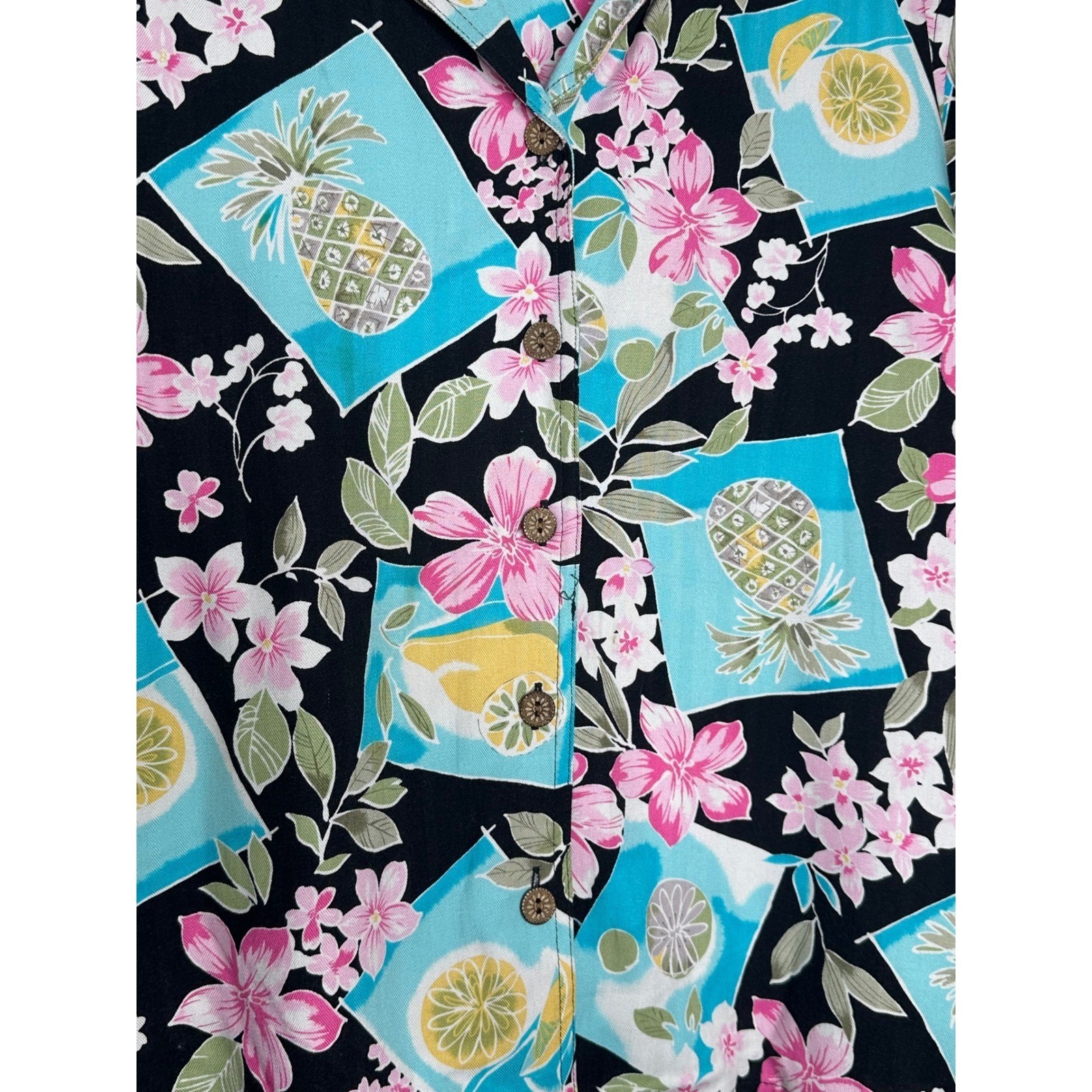 Sunset Cove VTG XL Tropical Pineapple Citrus Floral Rayon Camp Shirt Black Teal