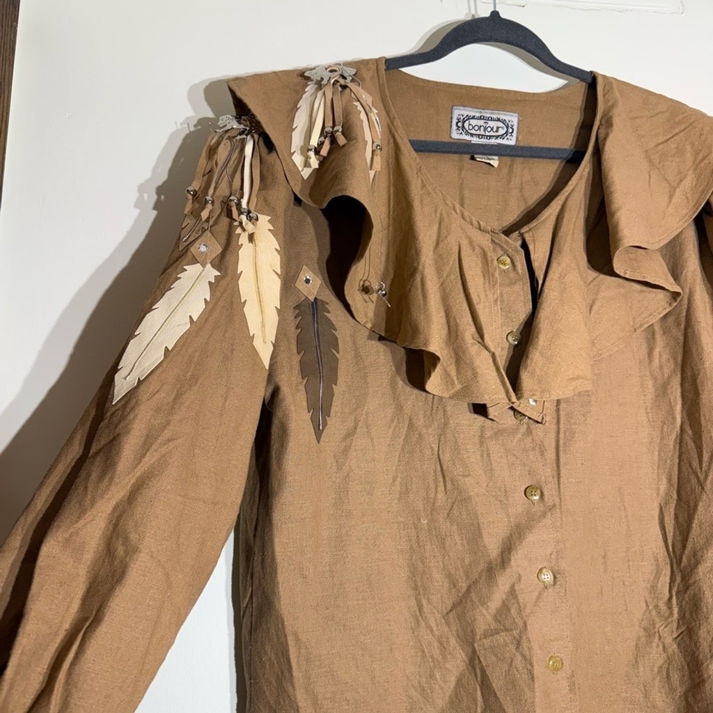 Vintage Bonjour Feather Embellished Blouse Native American Buffalo Western