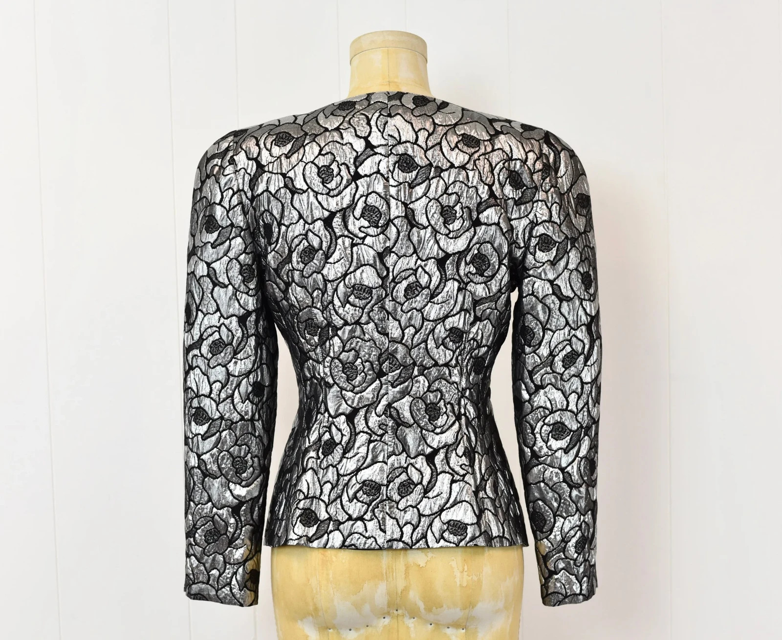 Vintage 1980s Krizia Metallic Silver Black Floral Lurex Blend Jacket Blazer