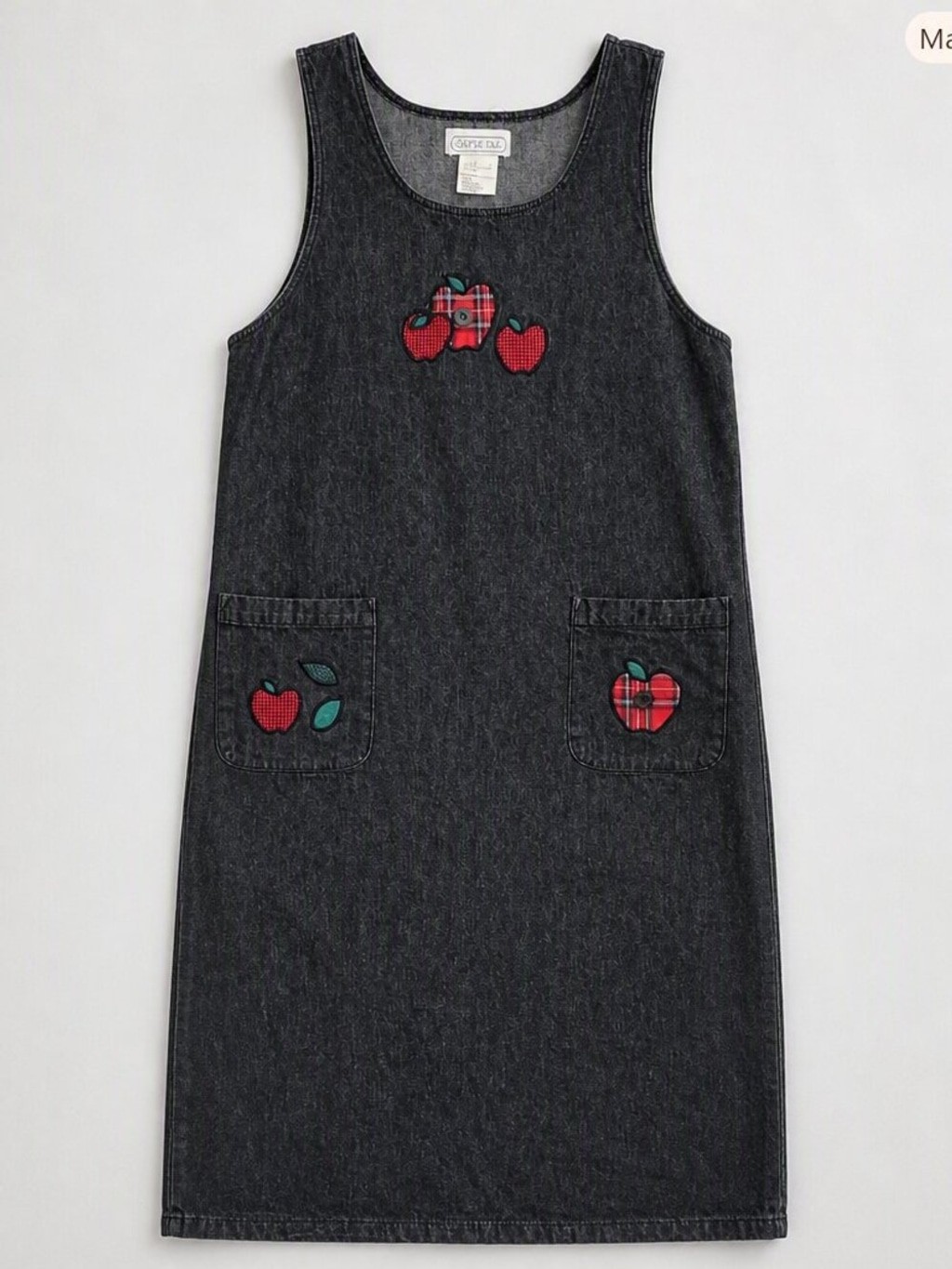 Vintage 90s Mandal Bay Black Denim Jumper Dress XL Apple Plaid Patchwork Maxi
