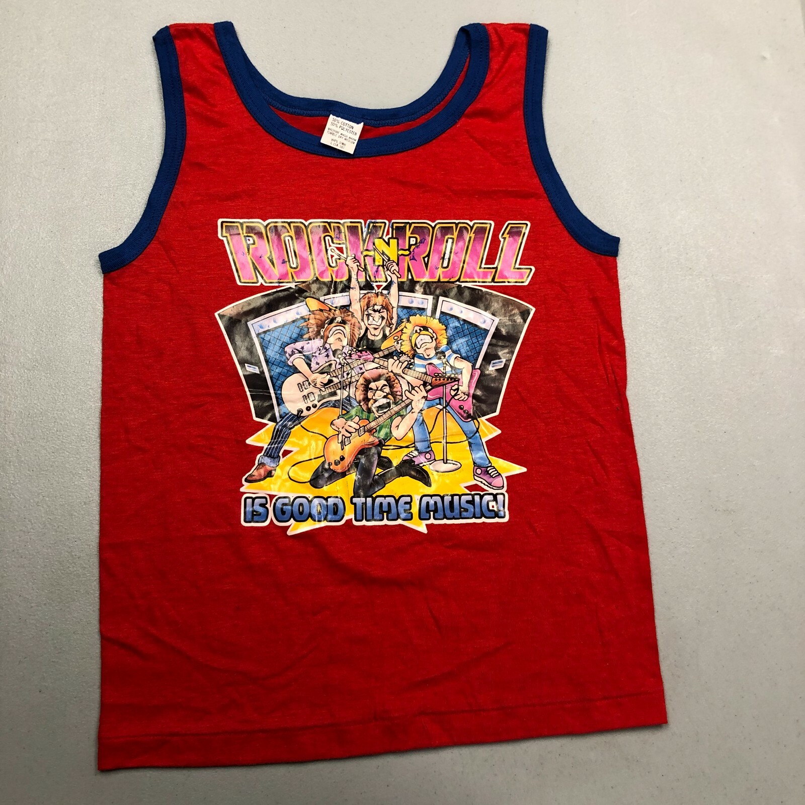 Vintage 80s 1980s Roach Iron-On Tank Top Rock N Roll 50/50 Large Red Shirt Vtg
