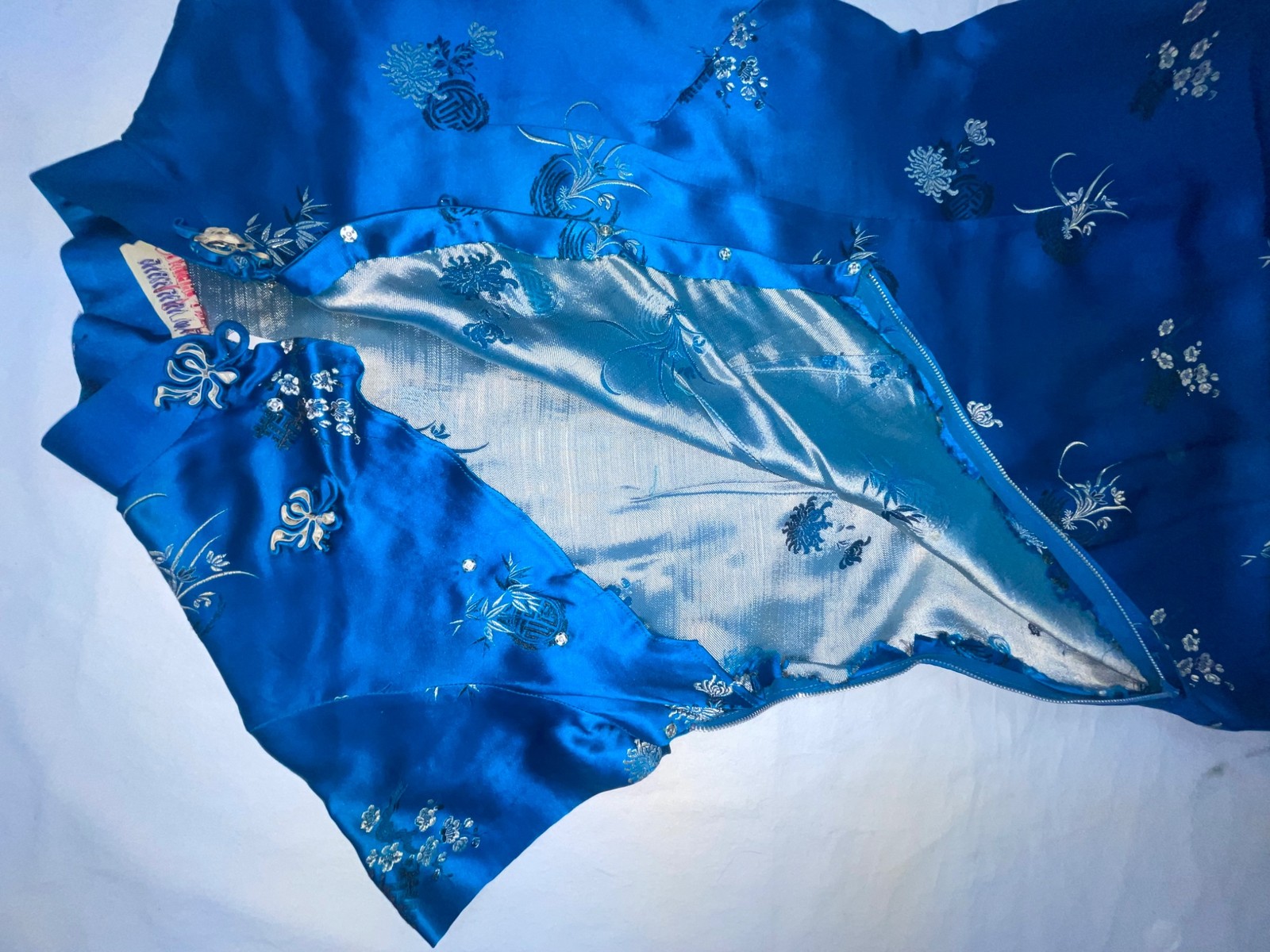 VTG 60S WOMENS S BLUE ASIAN ORIENTAL SHORT MINI SATIN SILK QIPAO CHEONGSAM DRESS