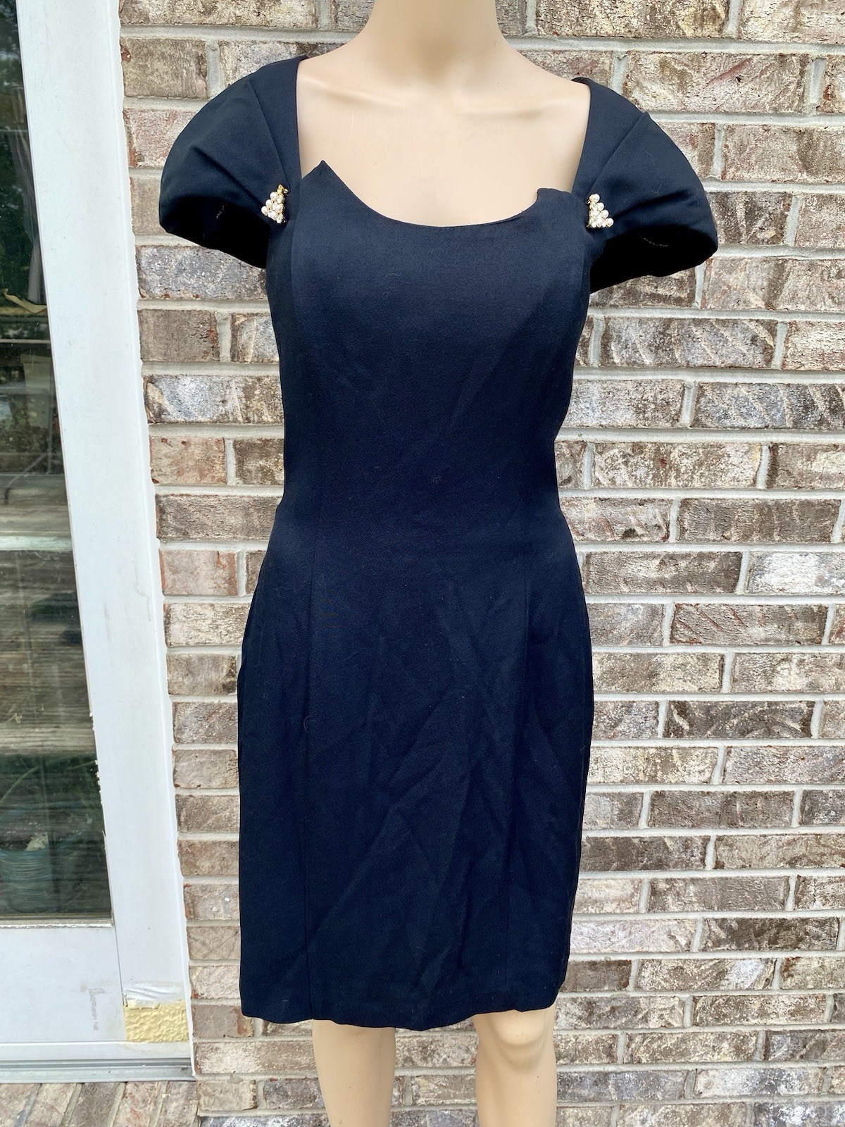 Vintage 90s Nightway Black Pencil Dress With Pearl Pins