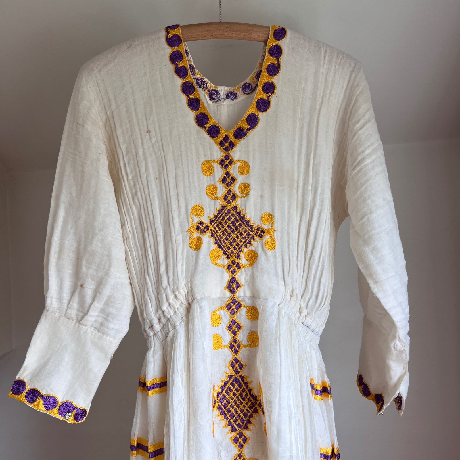 Vintage Embroidered 70s Maxi Dress White Gauze Cotton Purple Gold Tilla Boho