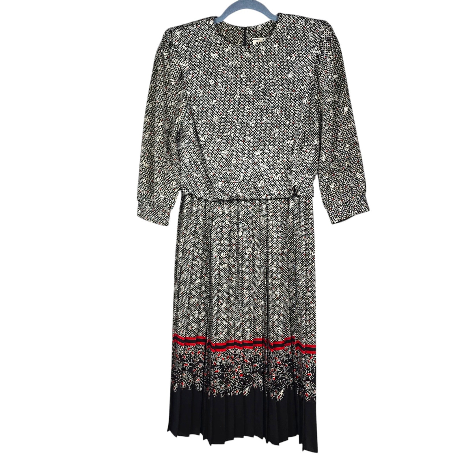 VLP Petites Vintage 80s Paisley Pleated Midi Dress Black Red White Size 4 USA