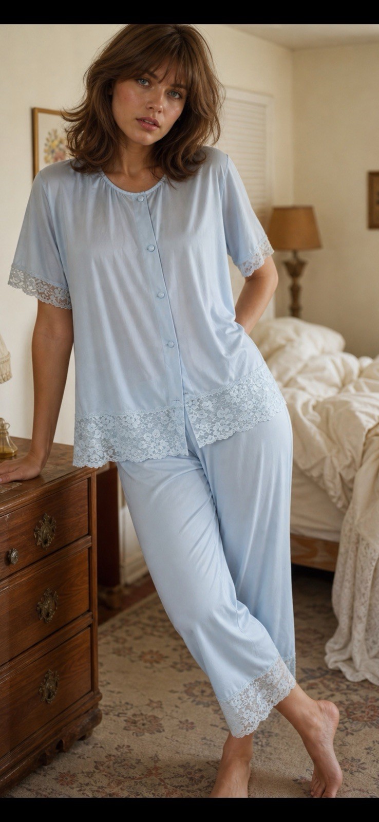 VTG Henson Kickernick Women’s Pajamas Light blue 100% Nylon Soft Silky Lace M