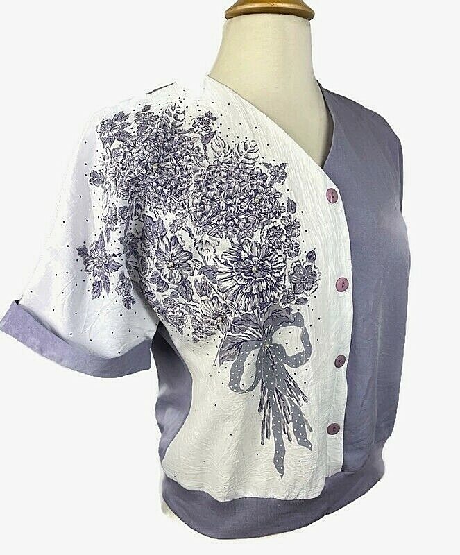 VINTAGE Teddi Petite Women’s Top Petite PM Lavender White Floral Pearls