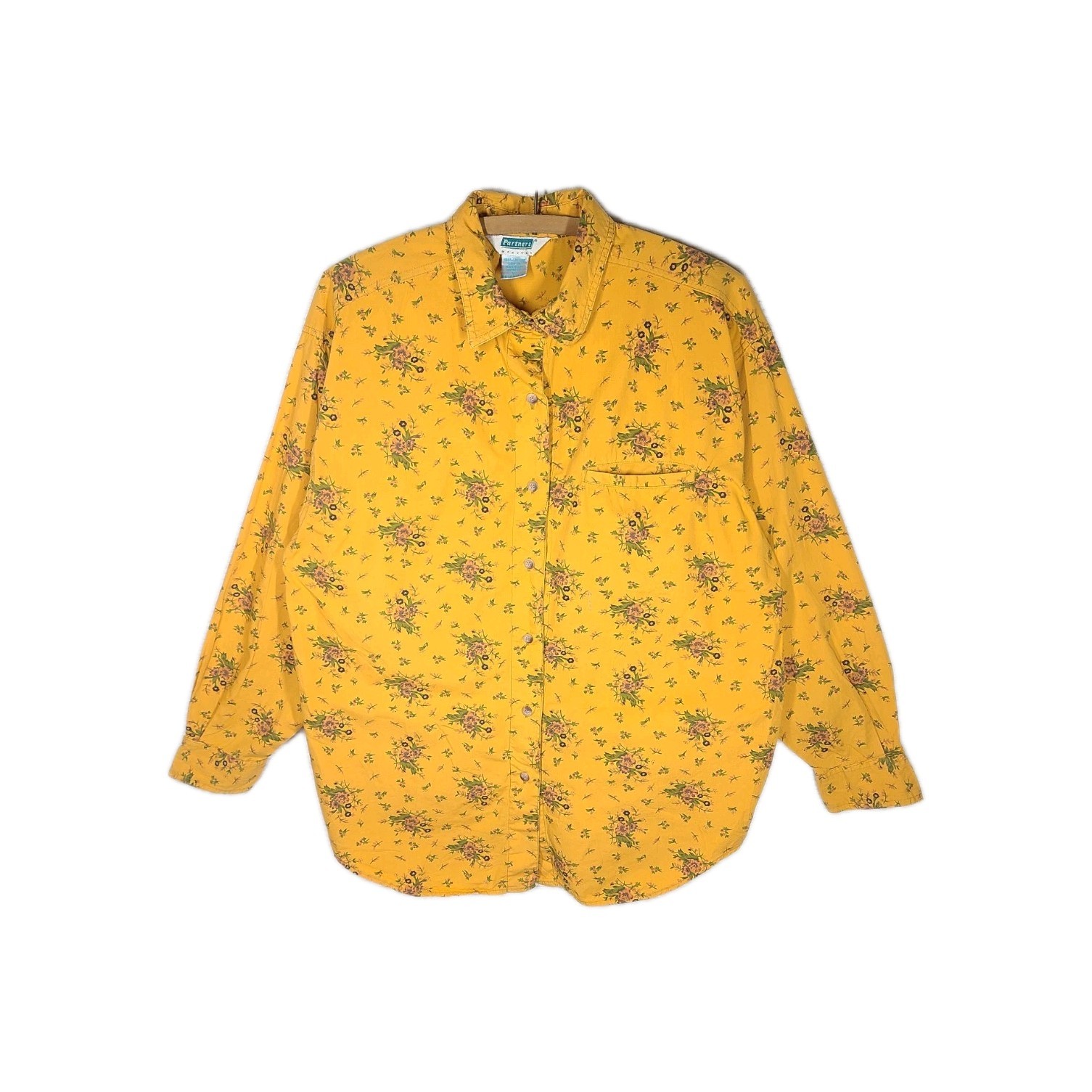 90s Floral Oxford Shirt 100% Cotton Button Up Orange Yellow Calico Oversize Fit