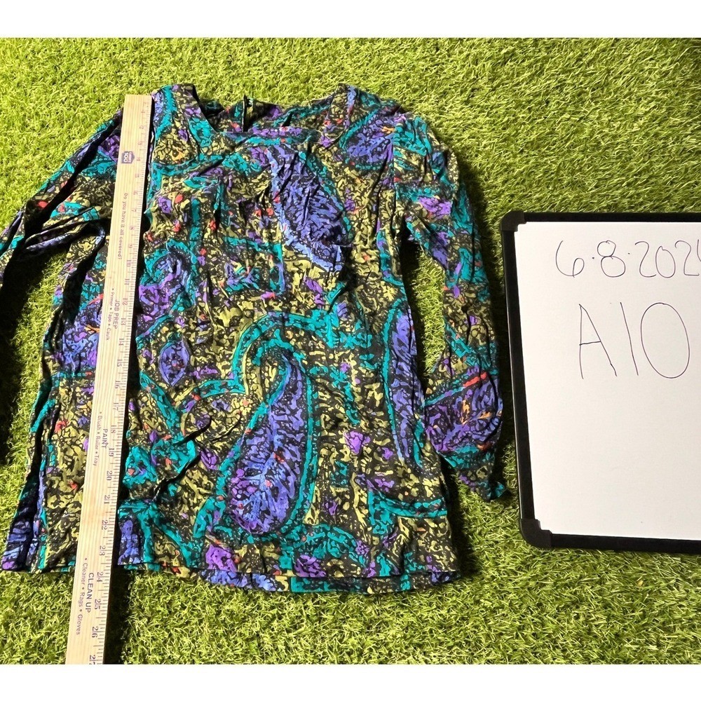 Abiana Vintage 100% Silk Abstract Paisley Blouse Purple Teal Green Size 38