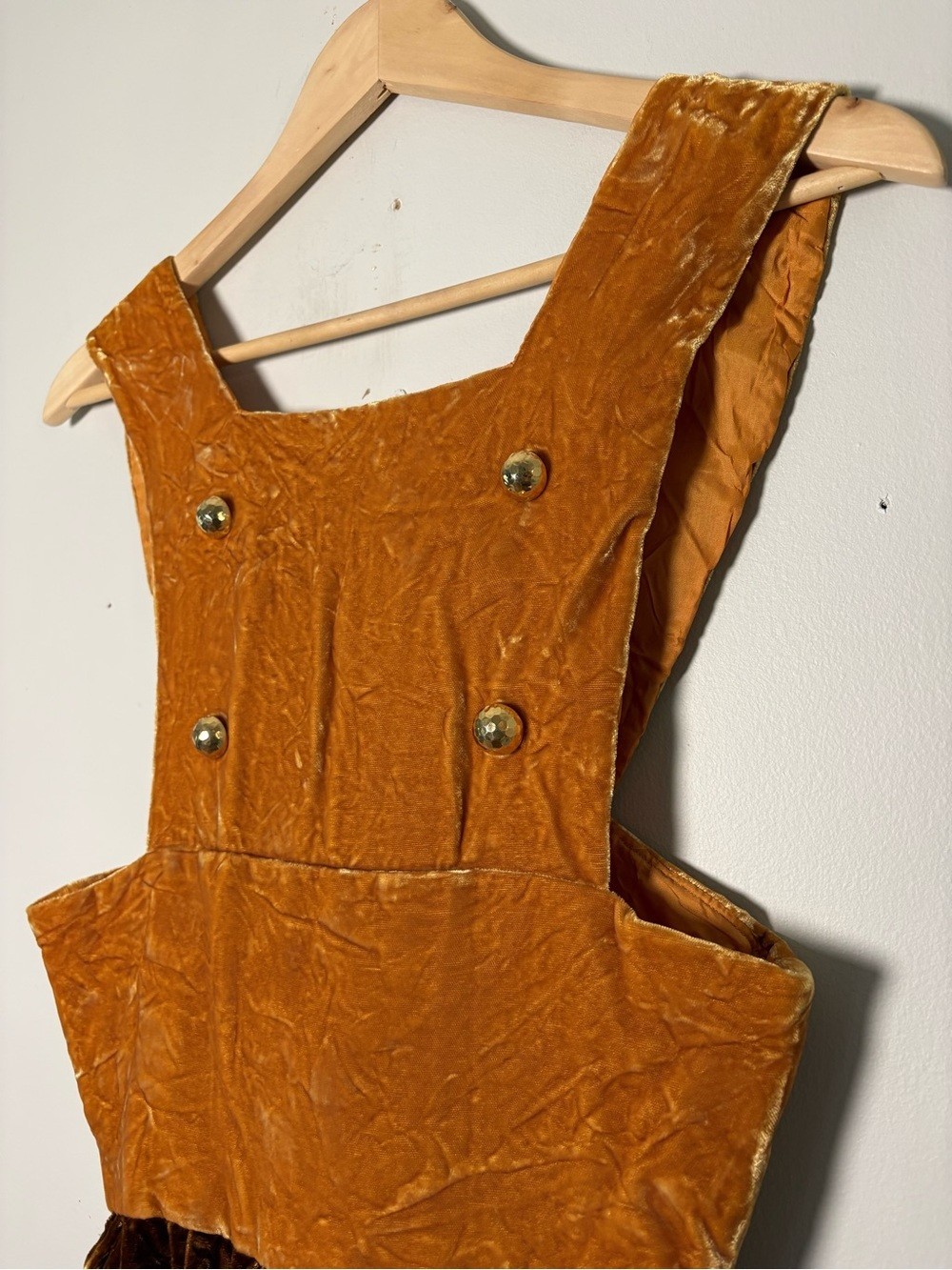 Vintage Early 1970s Mustard Yellow & Brown Velvet Pinafore Jumper Dress 70s