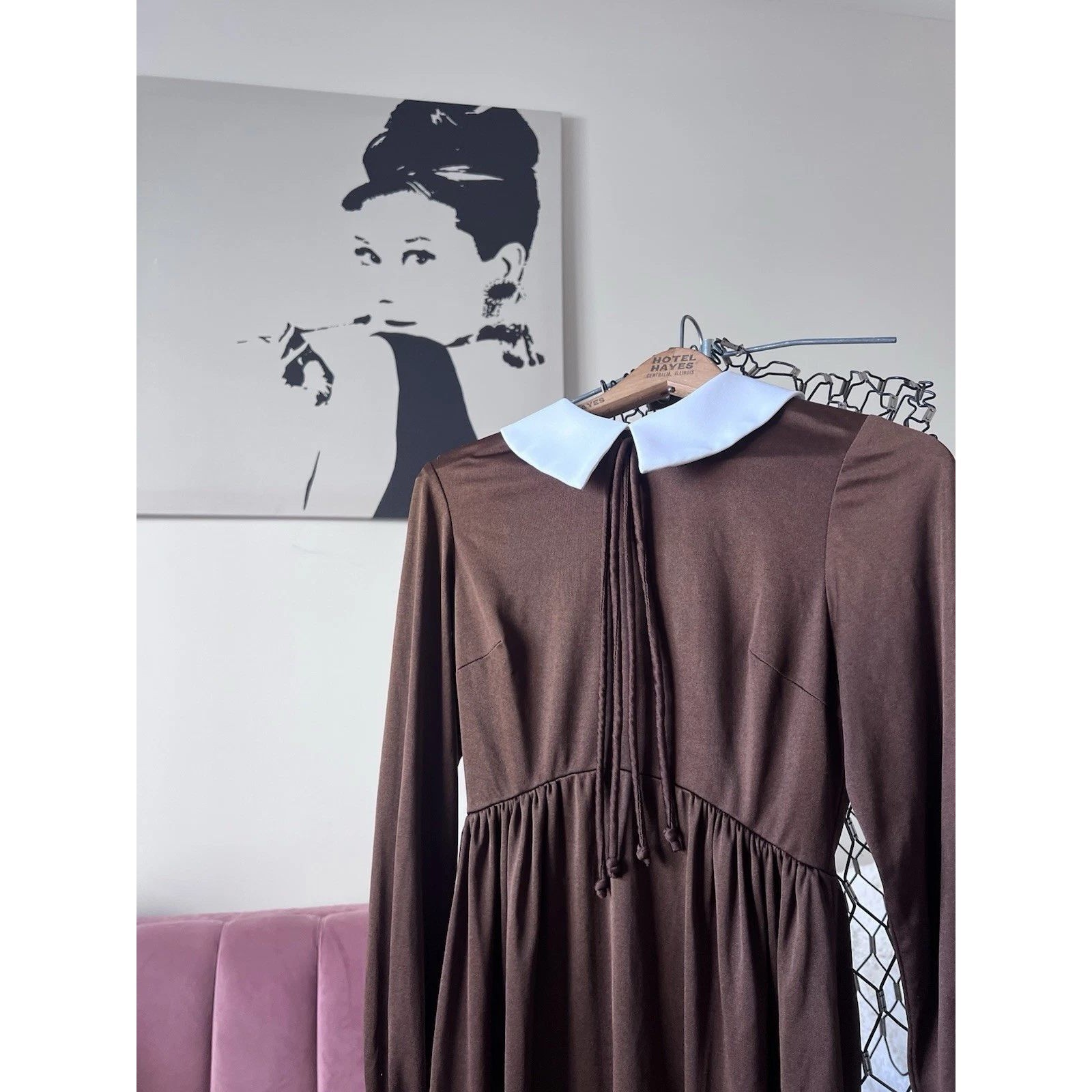 Vintage Toby Tanner Brown Peter Pan Collar Empire Waist Midi Dress Size 6 Mod