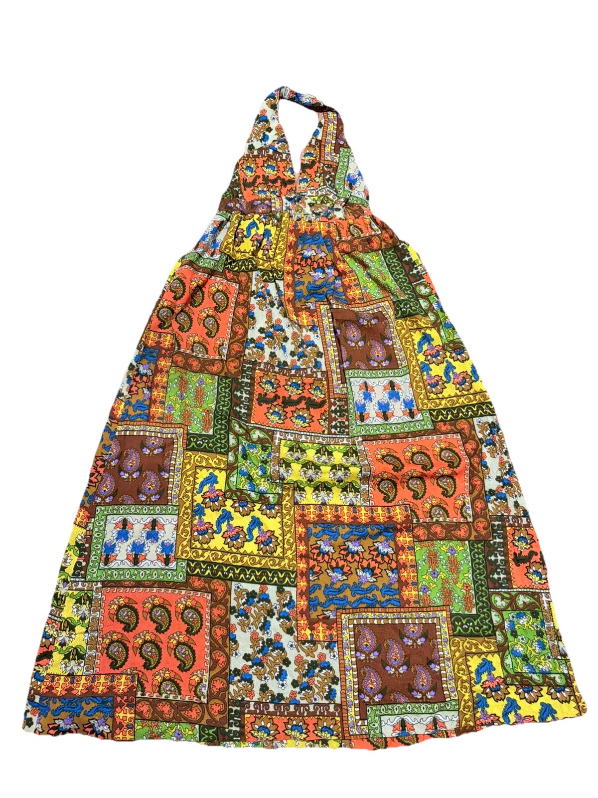 1970s Psychedelic Floral Maxi Dress Boho Hippie Disco Halter Dress