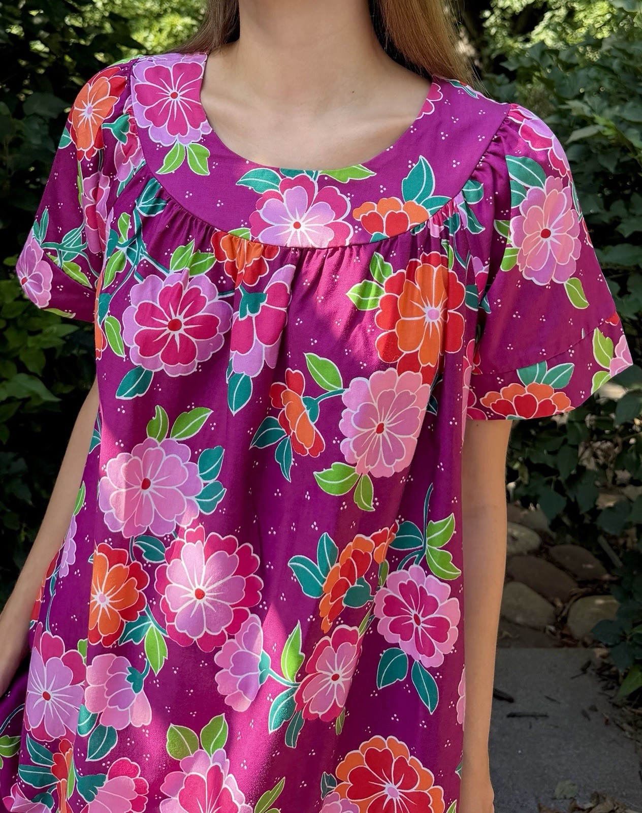 Vintage 1970s Hawaiian Muumuu Dress Flower Power Soft Cotton 70s Boho Hippie
