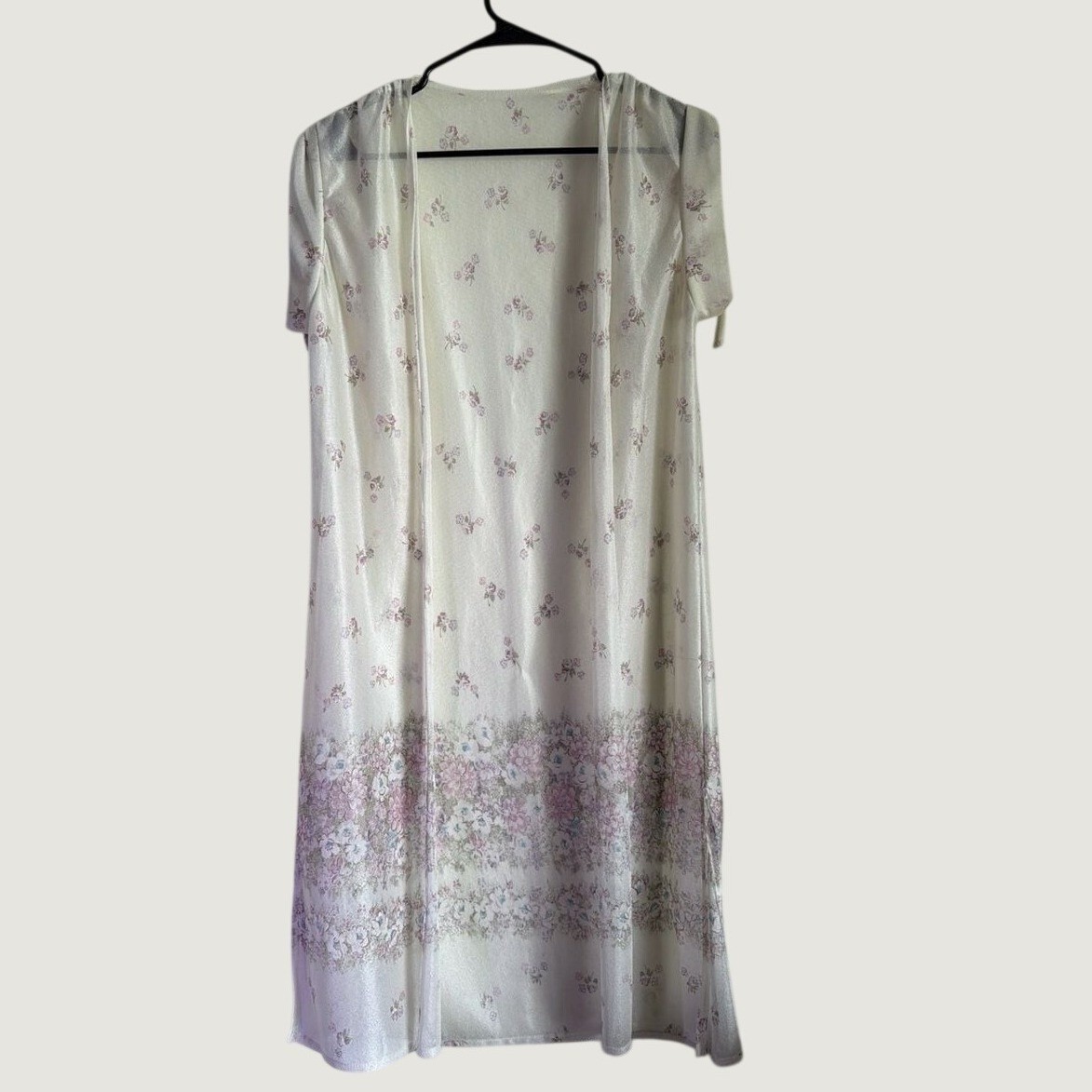 Vintage Floral Duster Cardigan Cream Pink Short Sleeve Open Front Robe