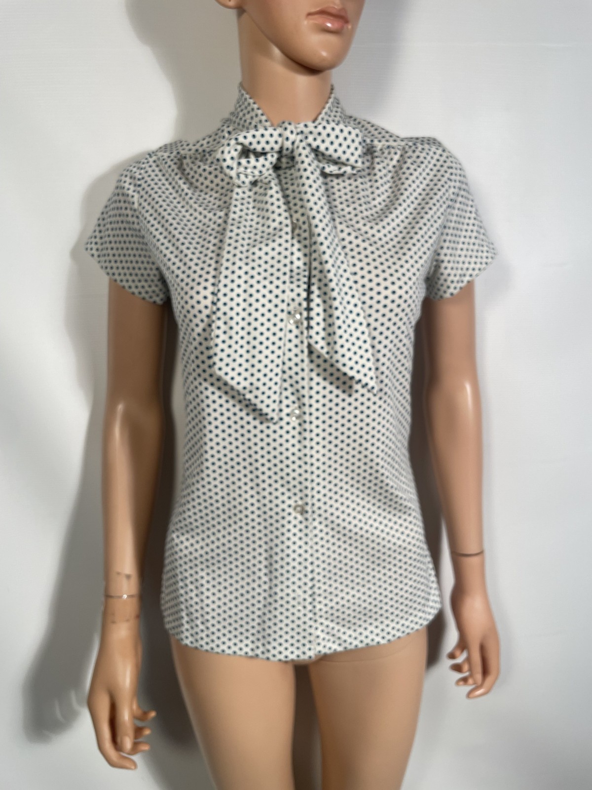 Vintage 1970’s Blue Polka Dot Blouse With Collar Tie Size S