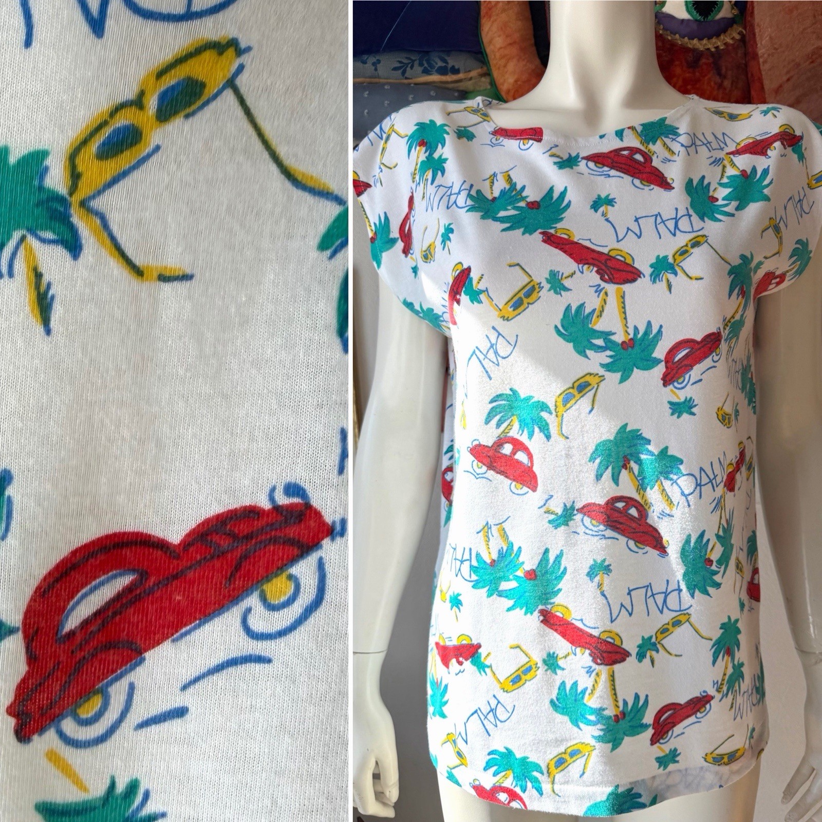 Vintage 80’s NOVELTY BEACH SHIRT Tee Palm Trees Sunglasses Cap Sleeve Hey Doll!
