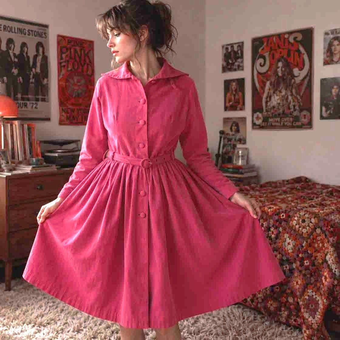 Vintage 70s 80s Fushia Pink Corduroy Shirt Dress Small Handmade
