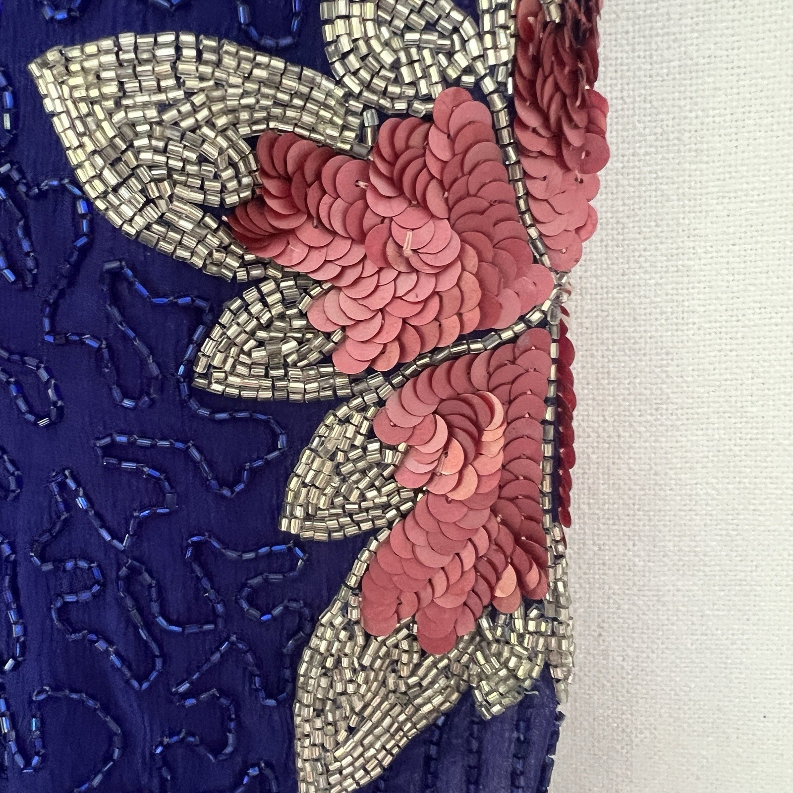 Vintage 80s Cobalt Blue Pink Silk Beaded Floral Maxi Duster Jacket Sequin
