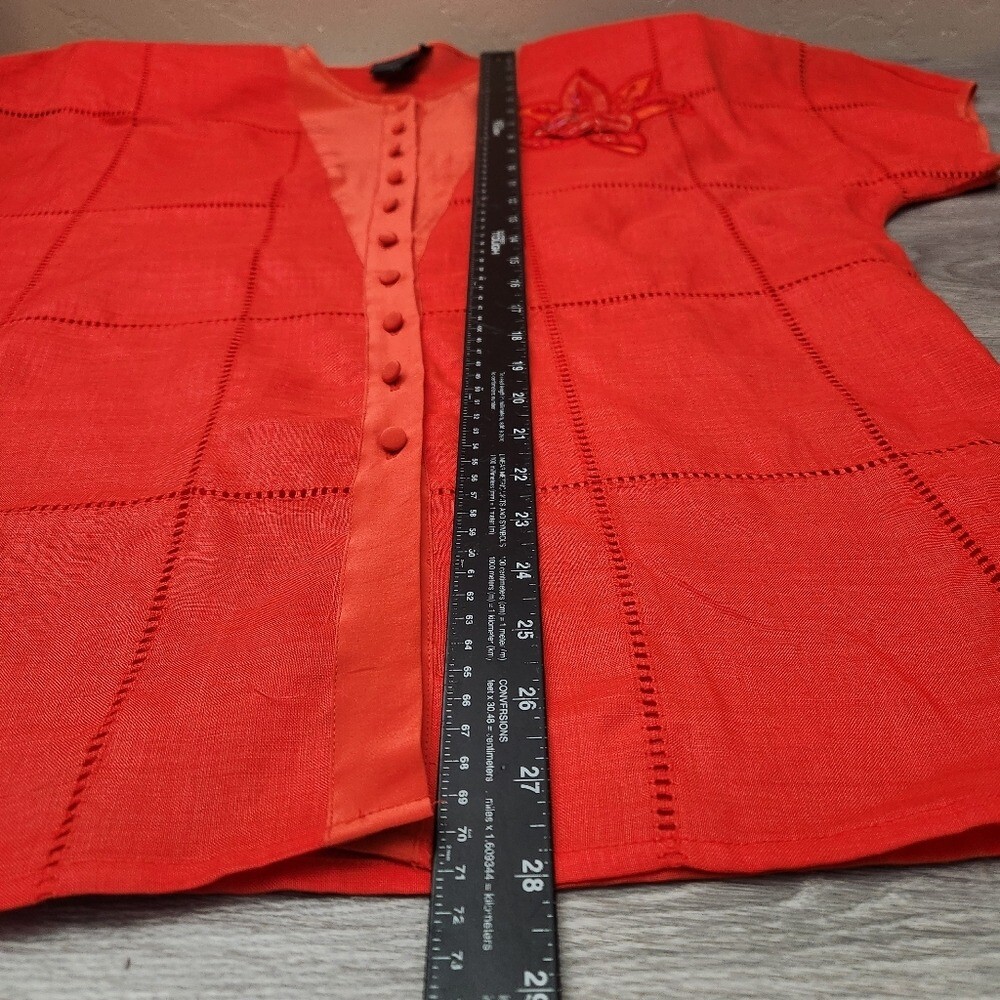Vintage Suzelle Orange Top Size 12 Linen Silk Embroidered Floral Button Perforat