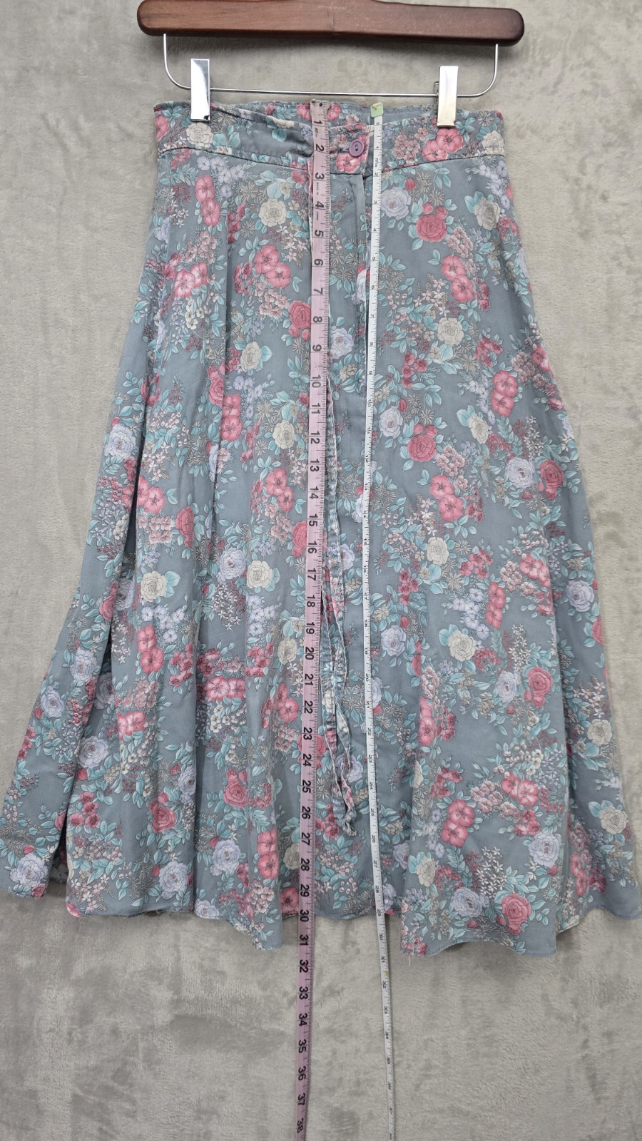 Vintage 80s Kayo of California Floral Midi Skirt Blue Gray Trad Cottagecore