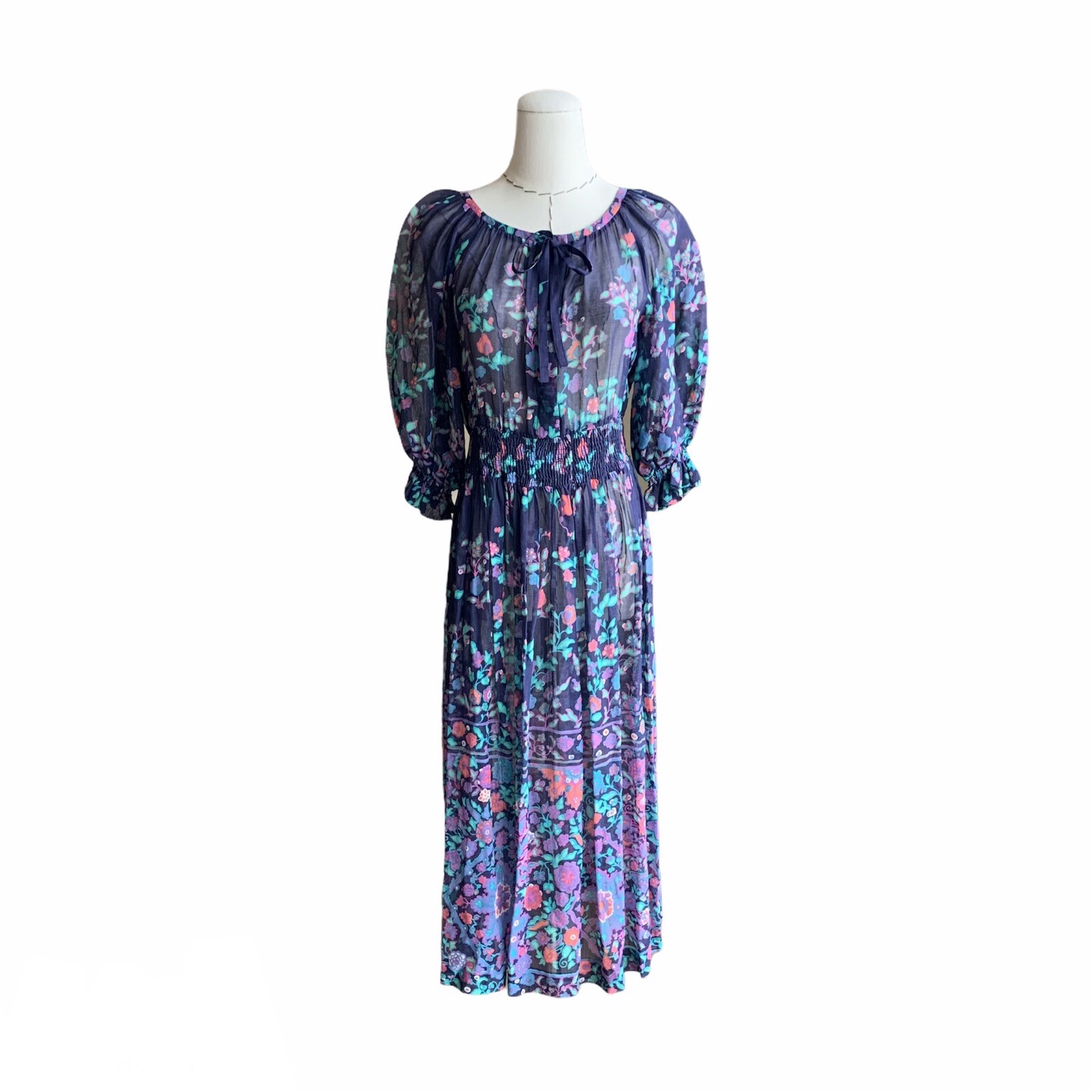 Vintage 70s Ted Lapidus Boutique Floral Day Dress Puff Sleeve Peasant Boho Sm