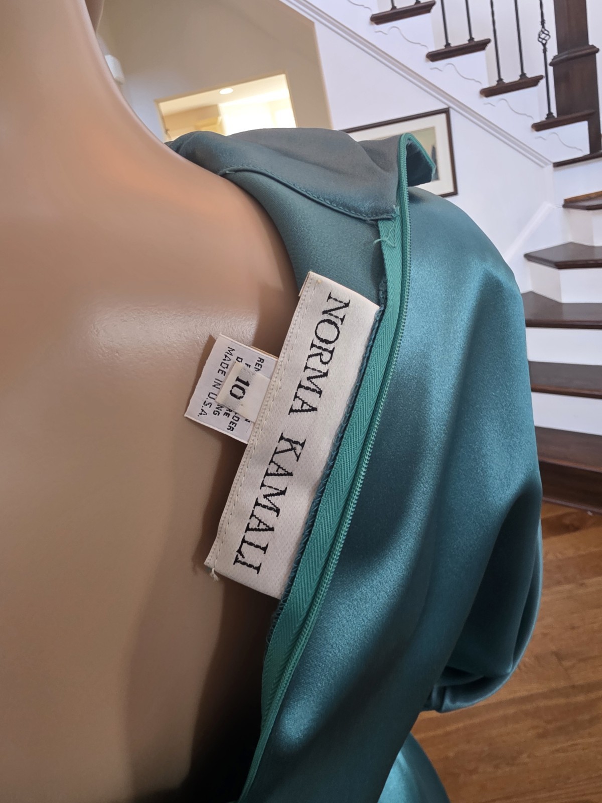 Unique Vintage 1980s Norma Kamali Green Satin Cocktail Midi Dress with Peplum