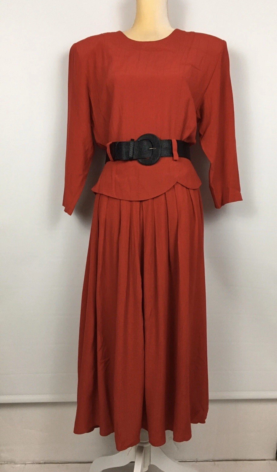 Vtg 80’s Ultra Dress New York Red Black Belt Midi Peplum Modest Sophisticated 8
