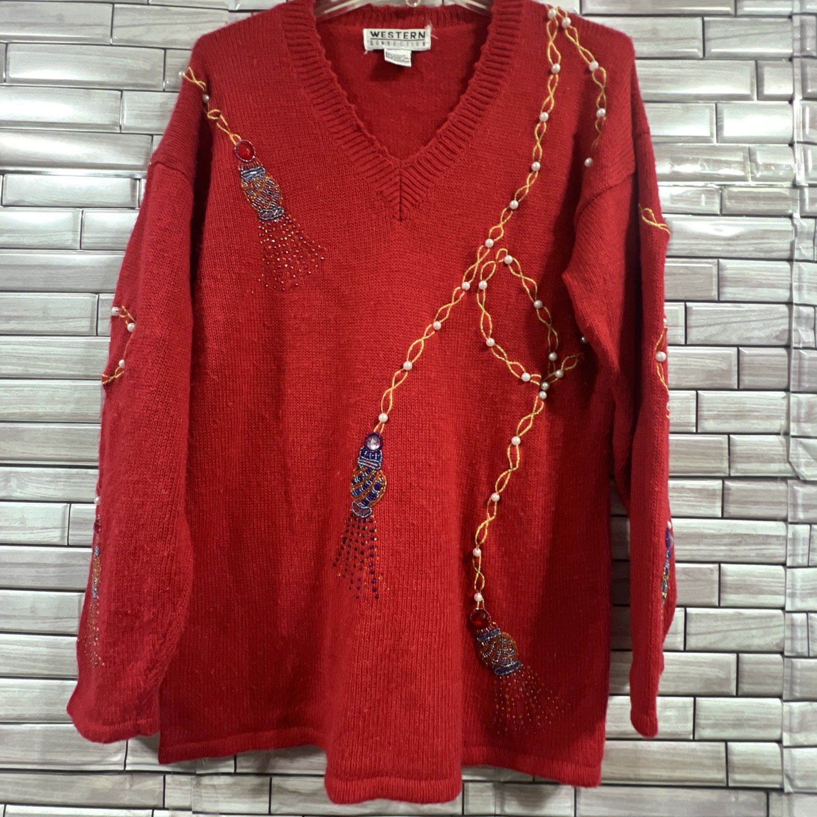 VTG Western Connection womens S tunic Sweater Red pearls beaded v neck 80s Retro