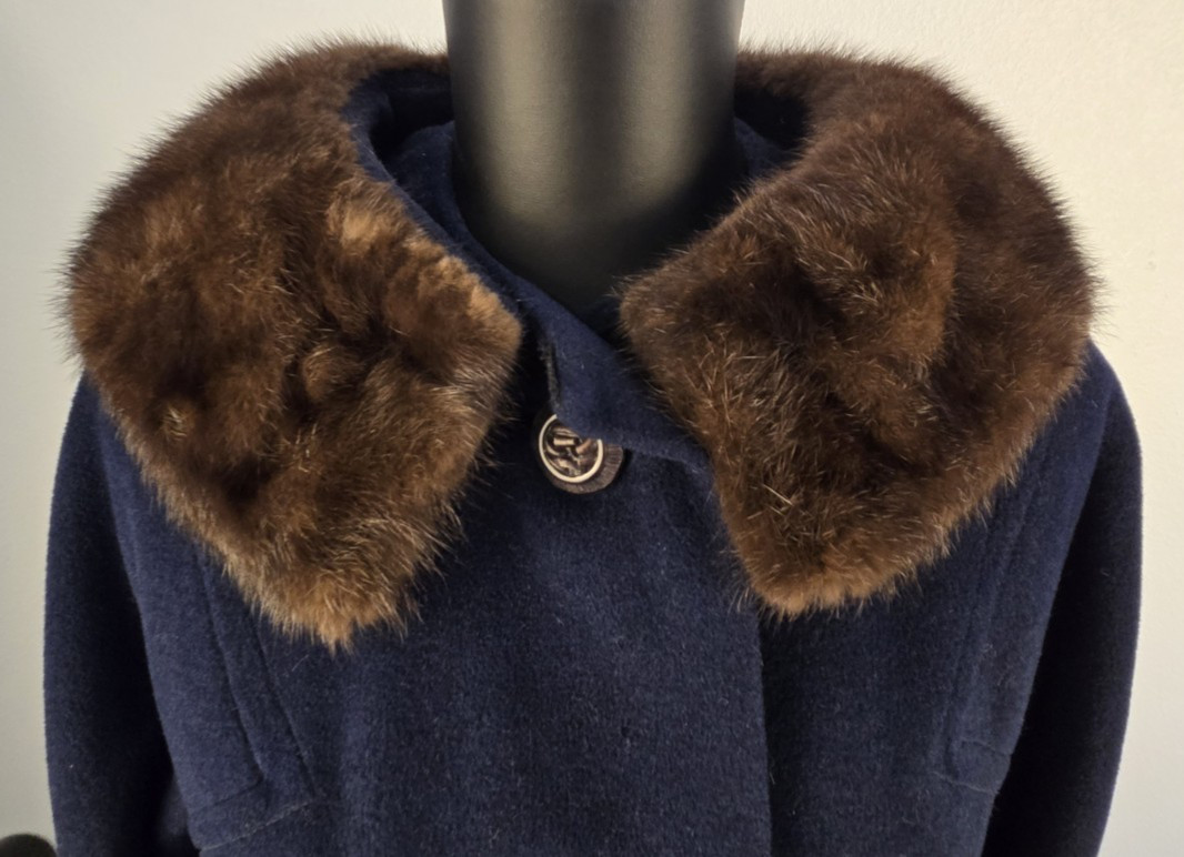 Vintage SHAGMOOR Coat Fur Collar Blue Brown Union Made Womens Retro 50’s 60’s