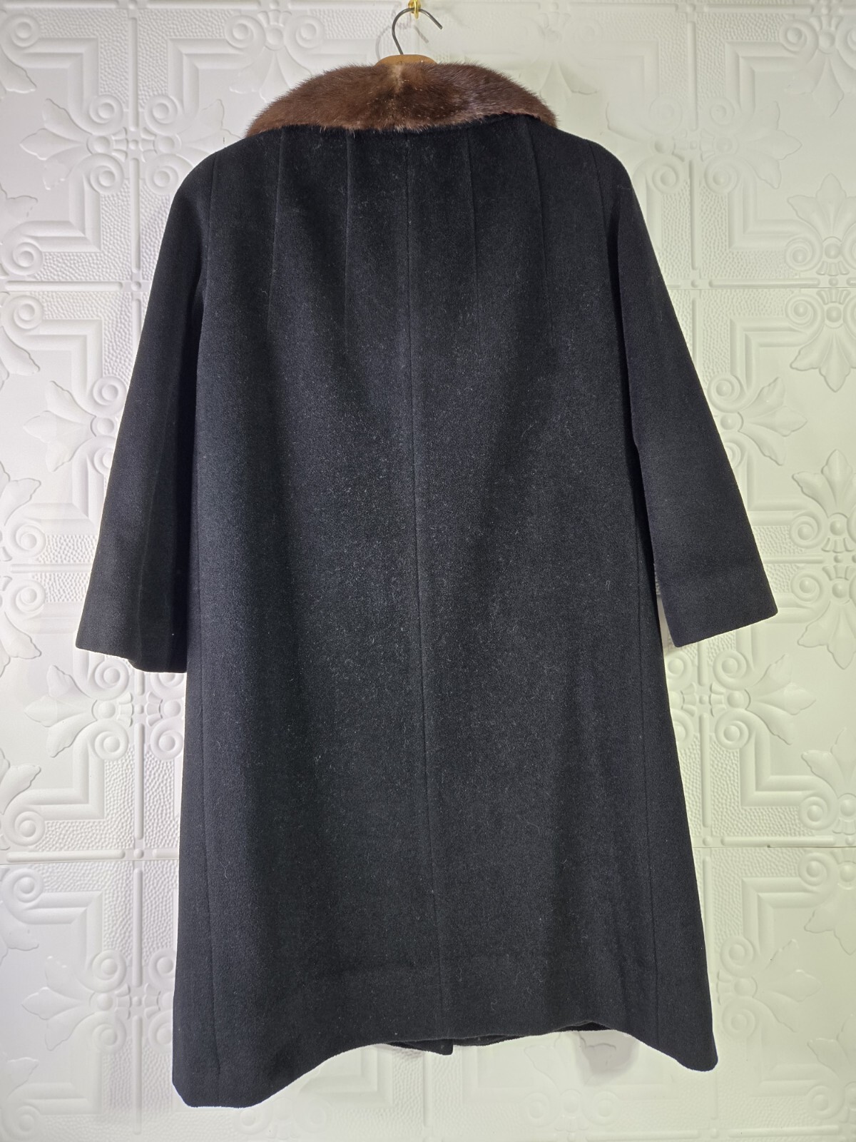 Vintage 40’s-60’s EINIGER Black Wool, Button-Down Fur Trim Collar Swing Coat