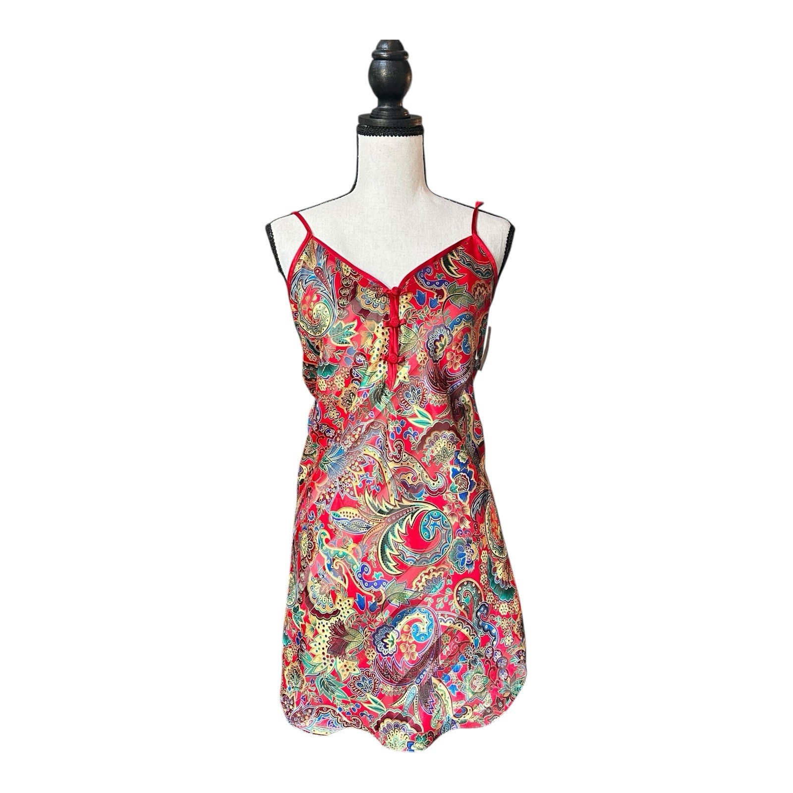 Vintage Inner Most Red Paisley Satin Slip Dress Lingerie M Made in USA Fairy