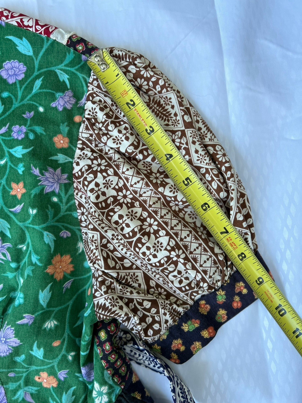 Vtg 1975 Boho Sm Blouse Pieced Quilt Patchwork Empire Waist Tie Back Eyelet yoke