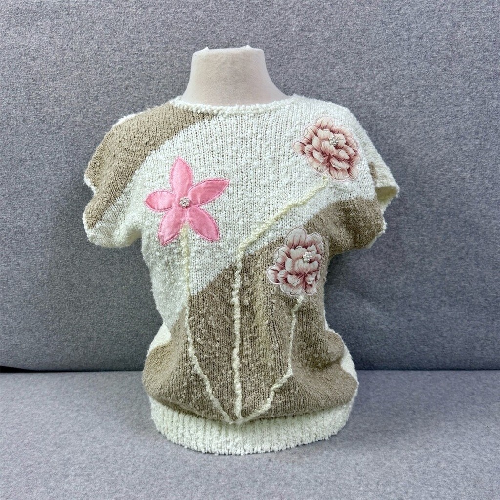 Vintage Palm Springs Yacht Club Sweater Womens M Ivory Boucle Floral Applique