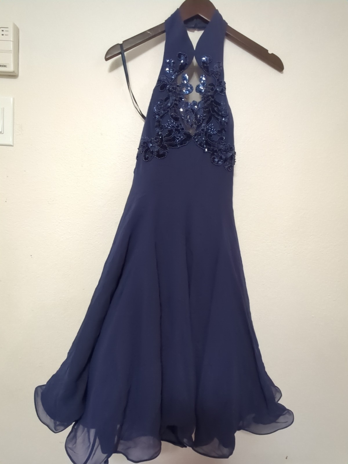 Vtg Y2k Niteline Silk Cocktail Dress 6 Blue Sequin Halter Coquette Romantic