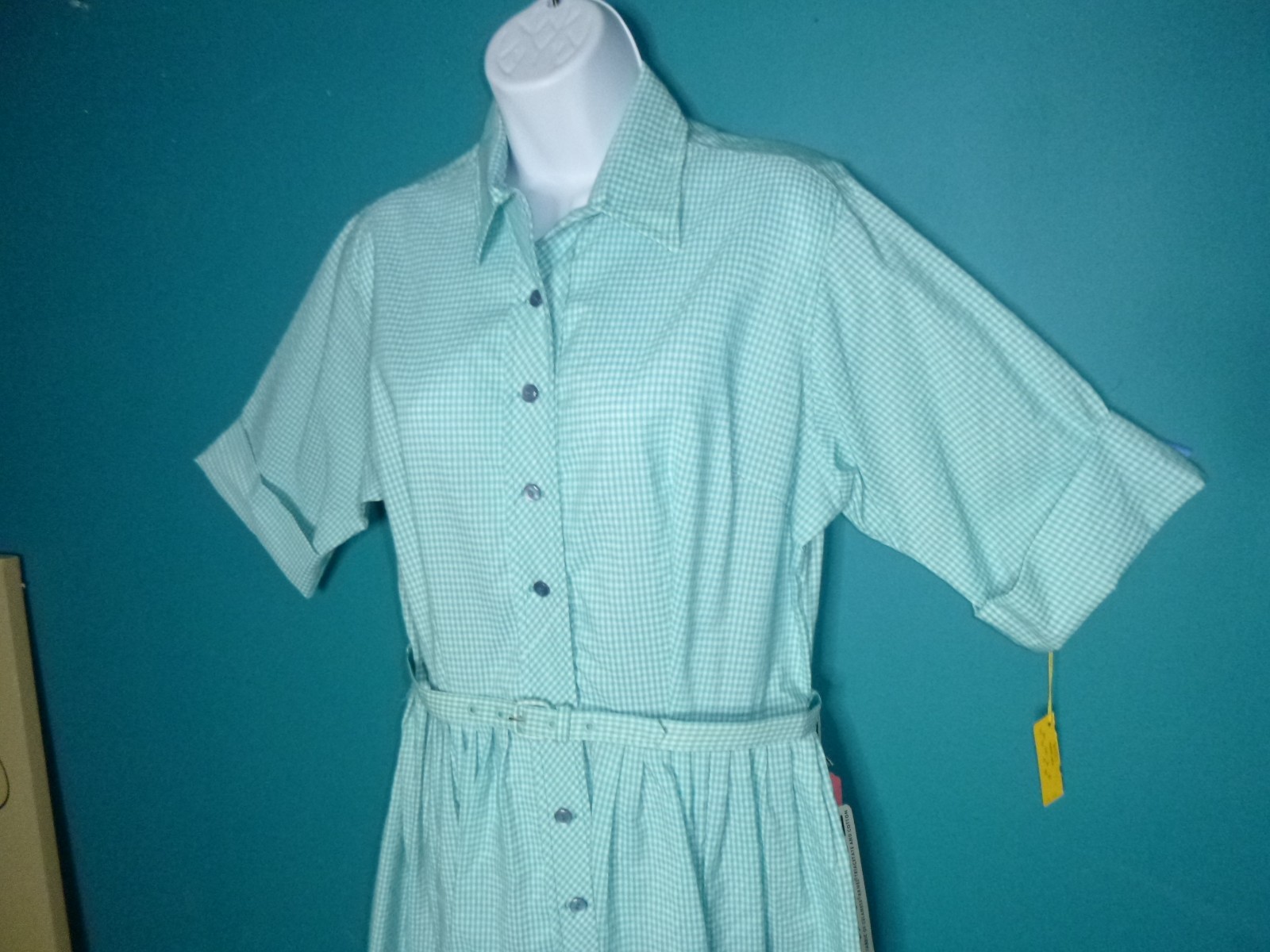NOS Vtg 60s Shirtwaist Dress Turquoise Gingham W/ Belt Sz 20 XL/XXL *VOLUP*