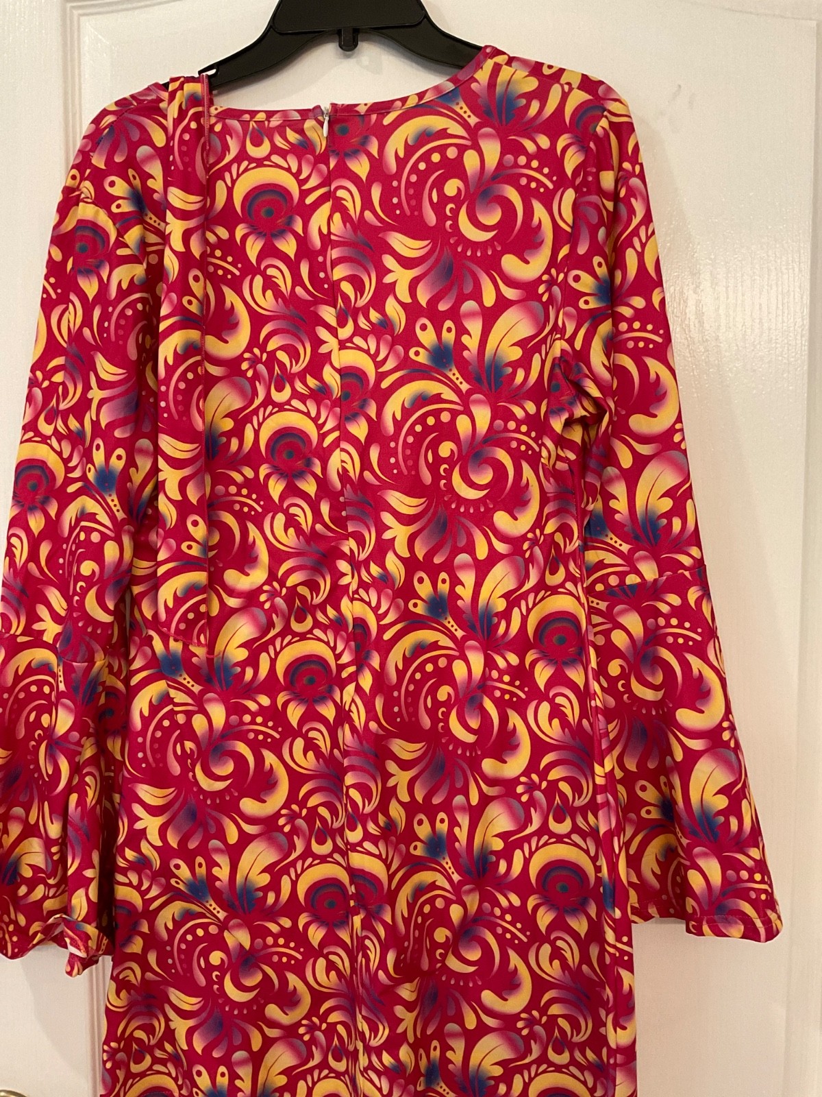 70’s Print Dress Orange/Red Long Flare Sleeves Zip Back w/Headband size M/L
