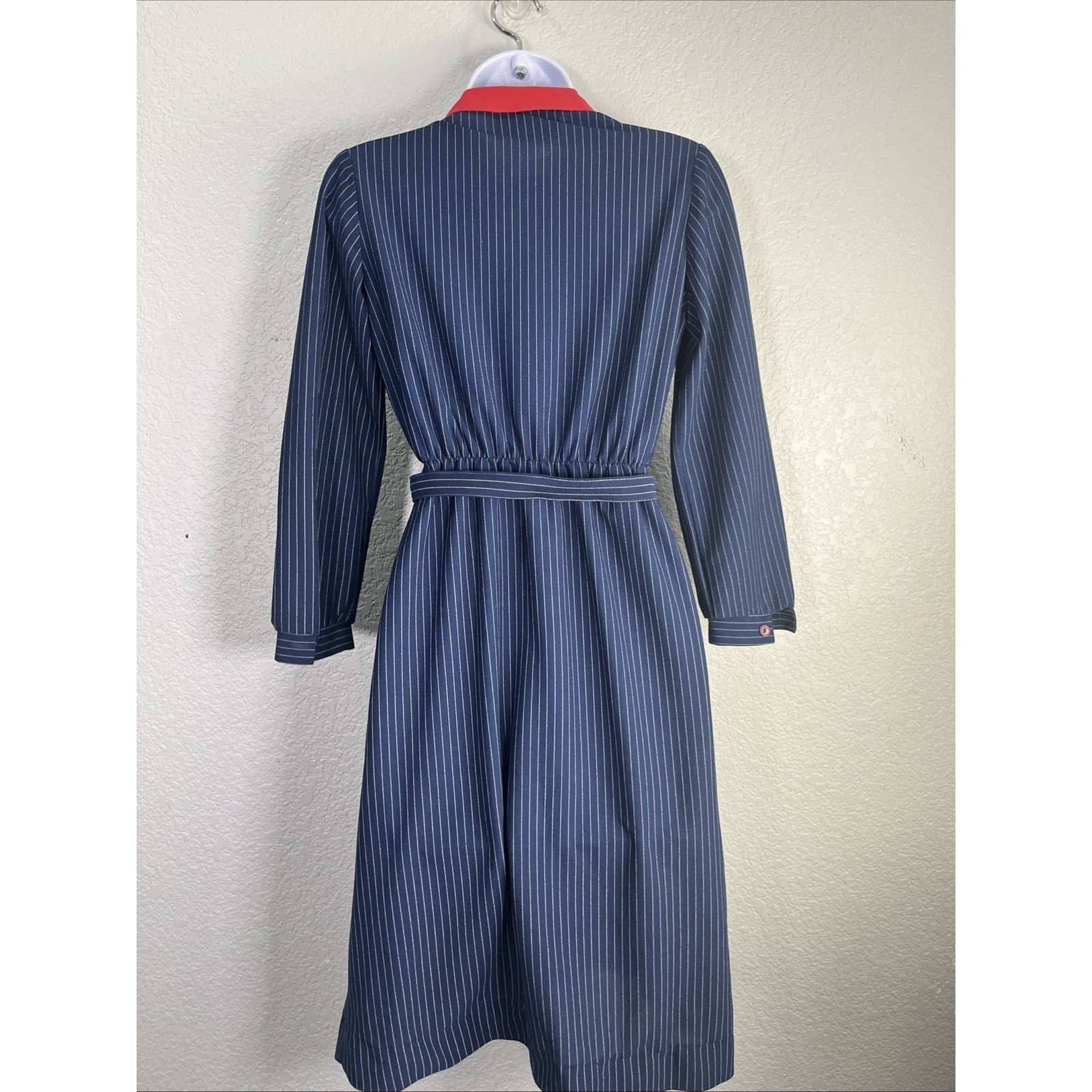 Lady Carol Petites Dress Womens S Navy Blue Pinstripe Collar Belted Vintage 70s