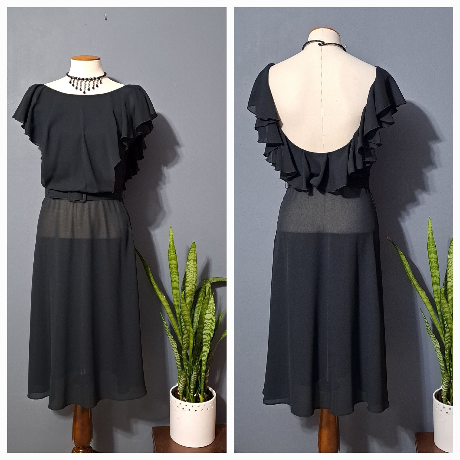Vintage 1970s Semi-sheer Black Flutter Dress Sz XS/S Surplice Backless