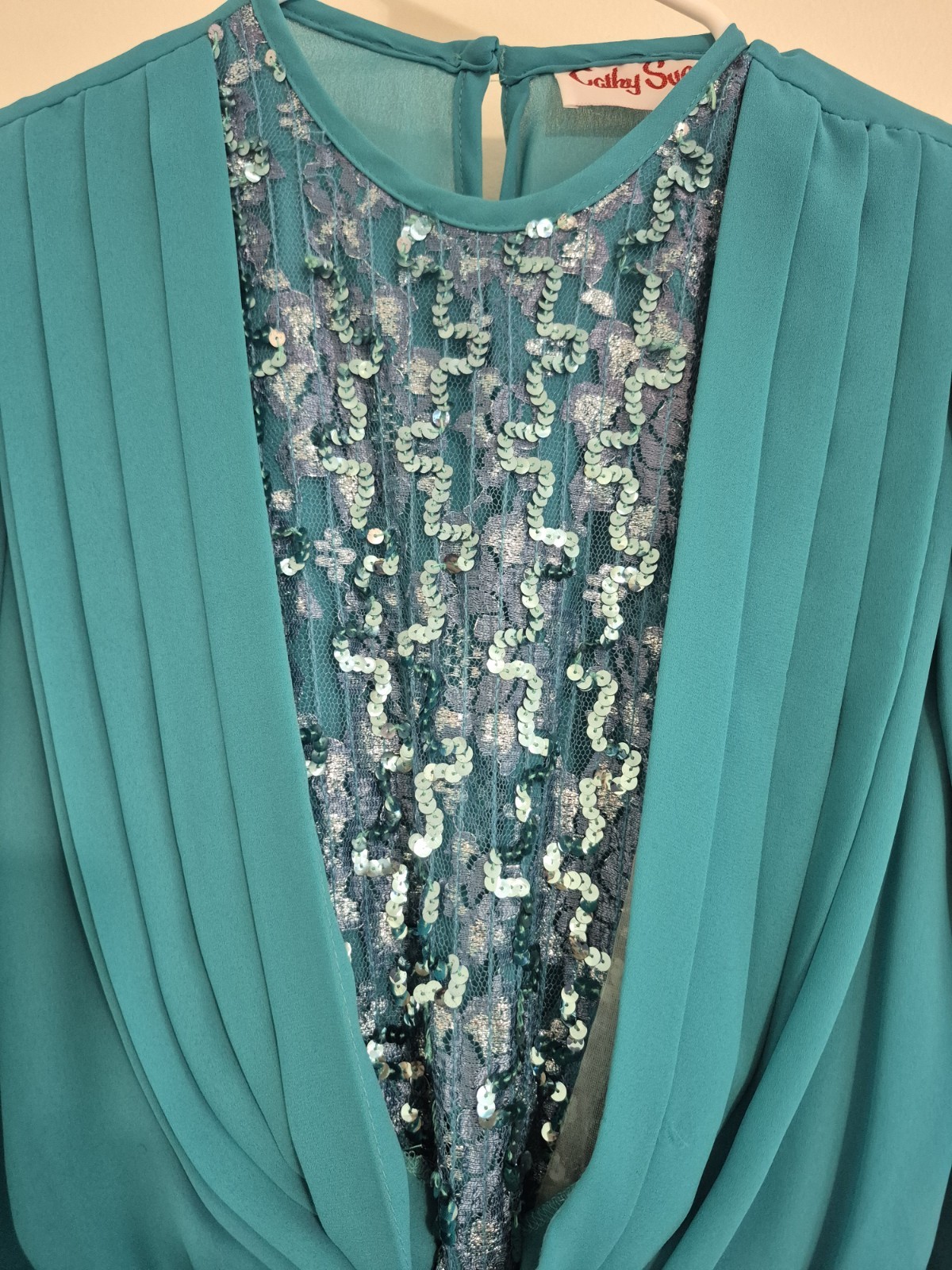 Vintage 70s 80s Cathy Sue Teal Sequin Illusion Midi Dress Pleated M/L