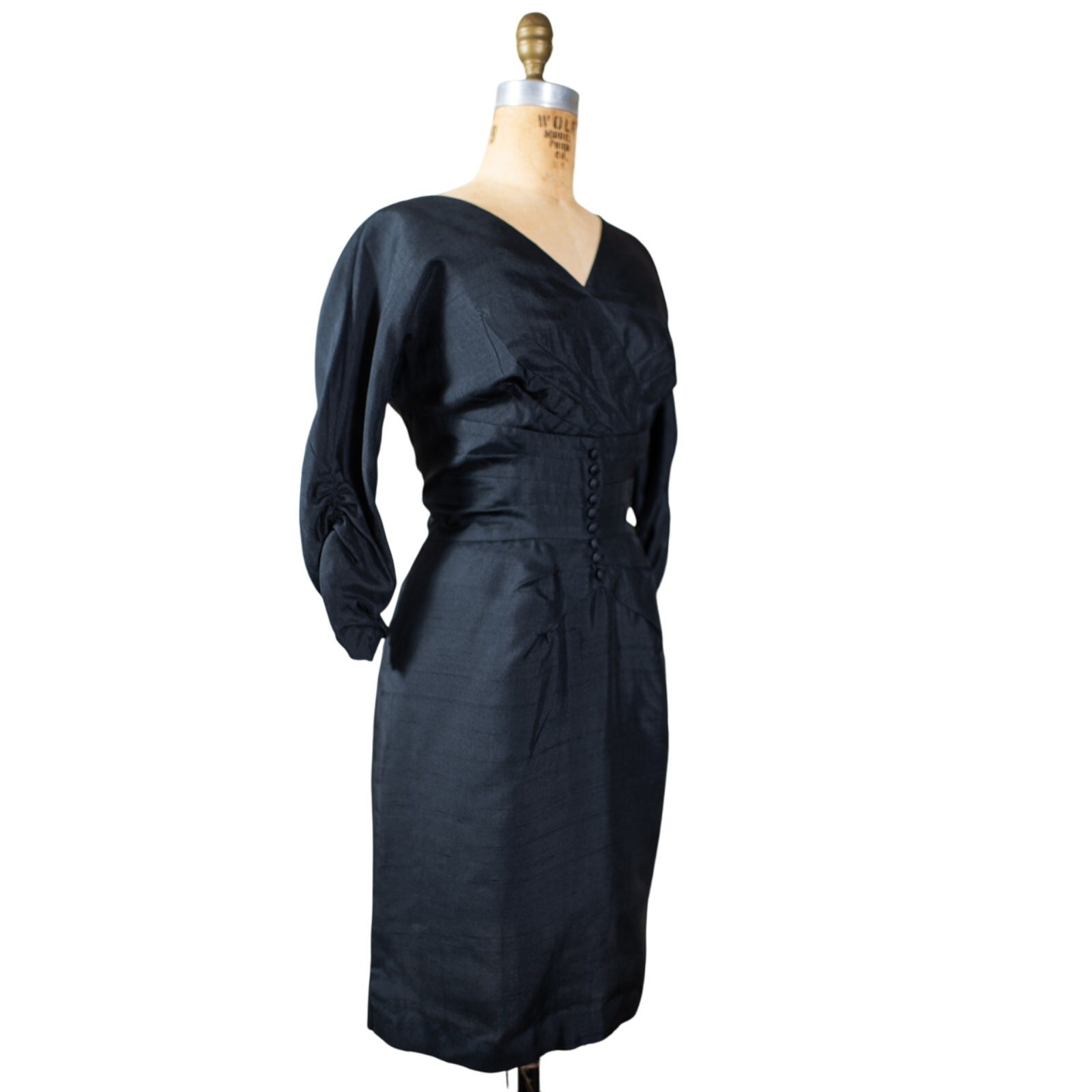 Vintage 50s Black Dupioni Silk Cocktail Dress, Wiggle LBD Glam Pinup Party, Med