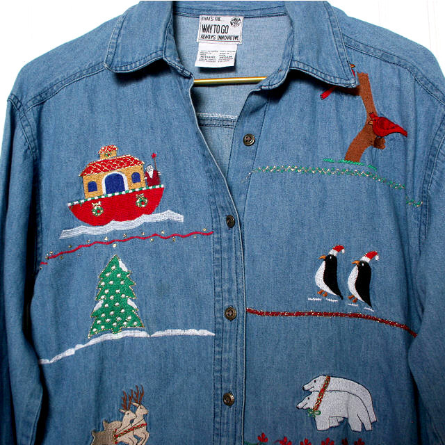 That’s The Way to Go Vintage Womens Emroidered Noahs Ark Christmas Blouse Medium